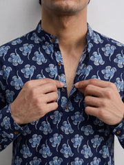 Navy Bloom – Plus Size Printed Cotton Short Kurta
