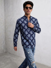 Navy Bloom – Plus Size Printed Cotton Short Kurta