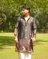 Men’s Heavy Designer Long Kurta – Black Satin Embroidered