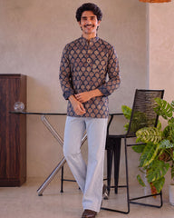 Navy Blooms – Printed Cotton Short Kurta