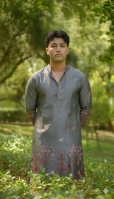 Men’s Heavy Designer Long Kurta – Grey Satin Embroidered