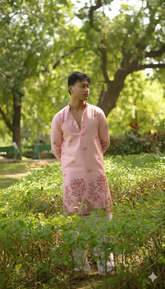 Men’s Heavy Designer Long Kurta – Pink Satin Embroidered