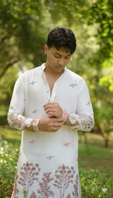 Men’s Heavy Designer Long Kurta – White Satin Embroidered