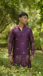 Men’s Heavy Designer Long Kurta – Purple Satin Embroidered