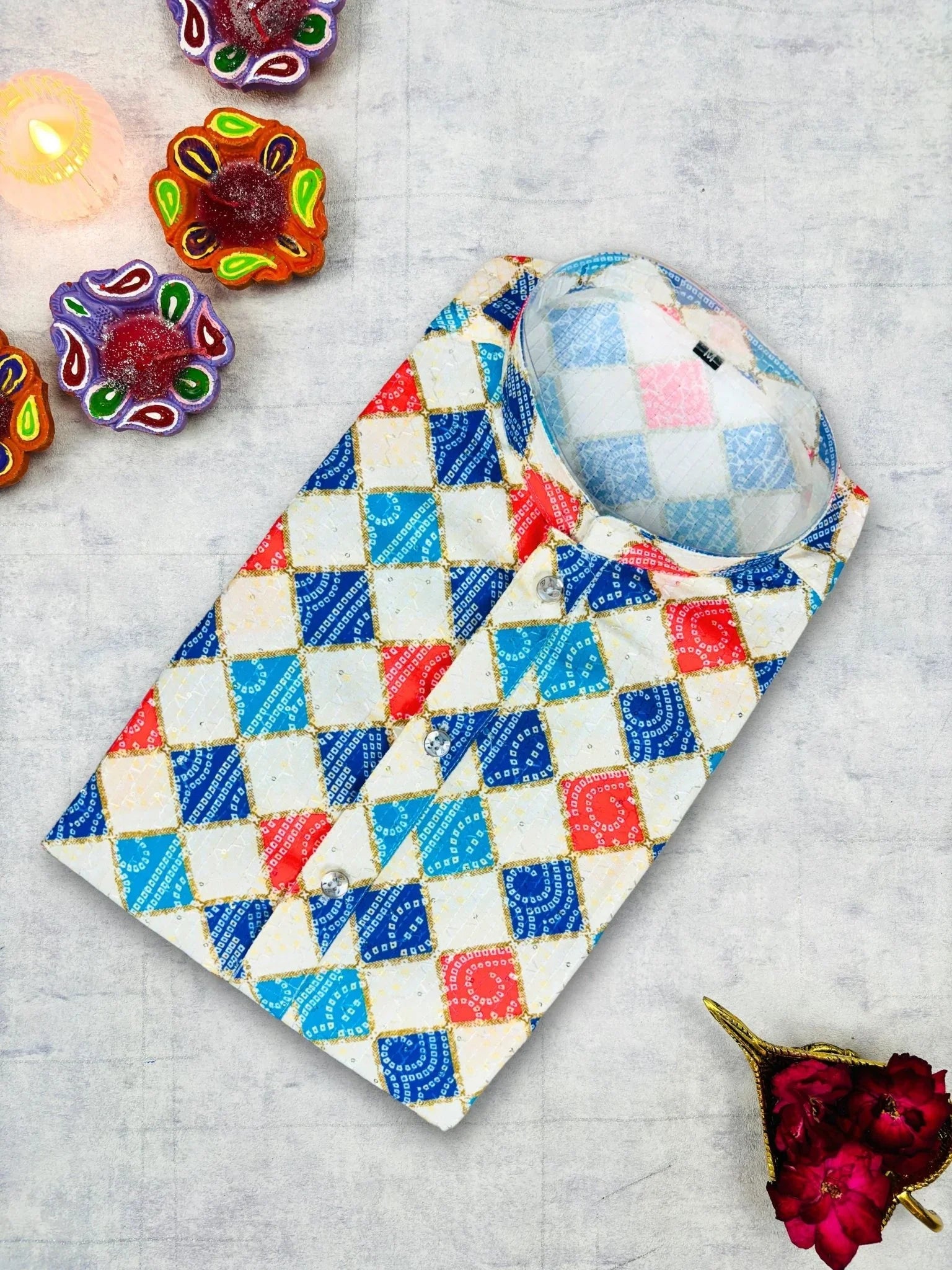 Bandhej White Printed Long Kurta For Men - Jaipuri Crown