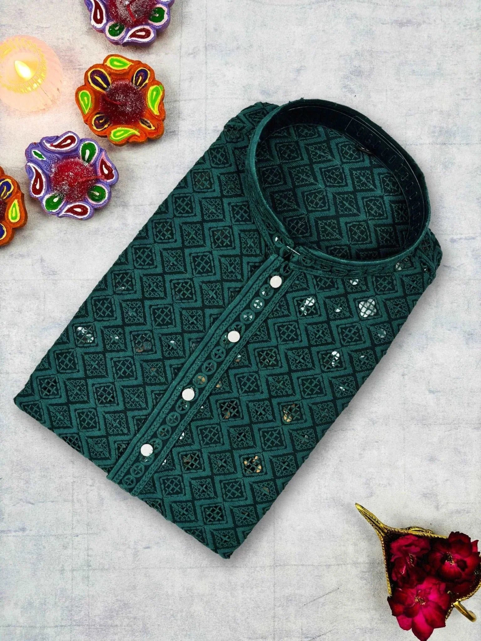 Bottle Green Square Lucknowi Kurta - Jaipuri Crown