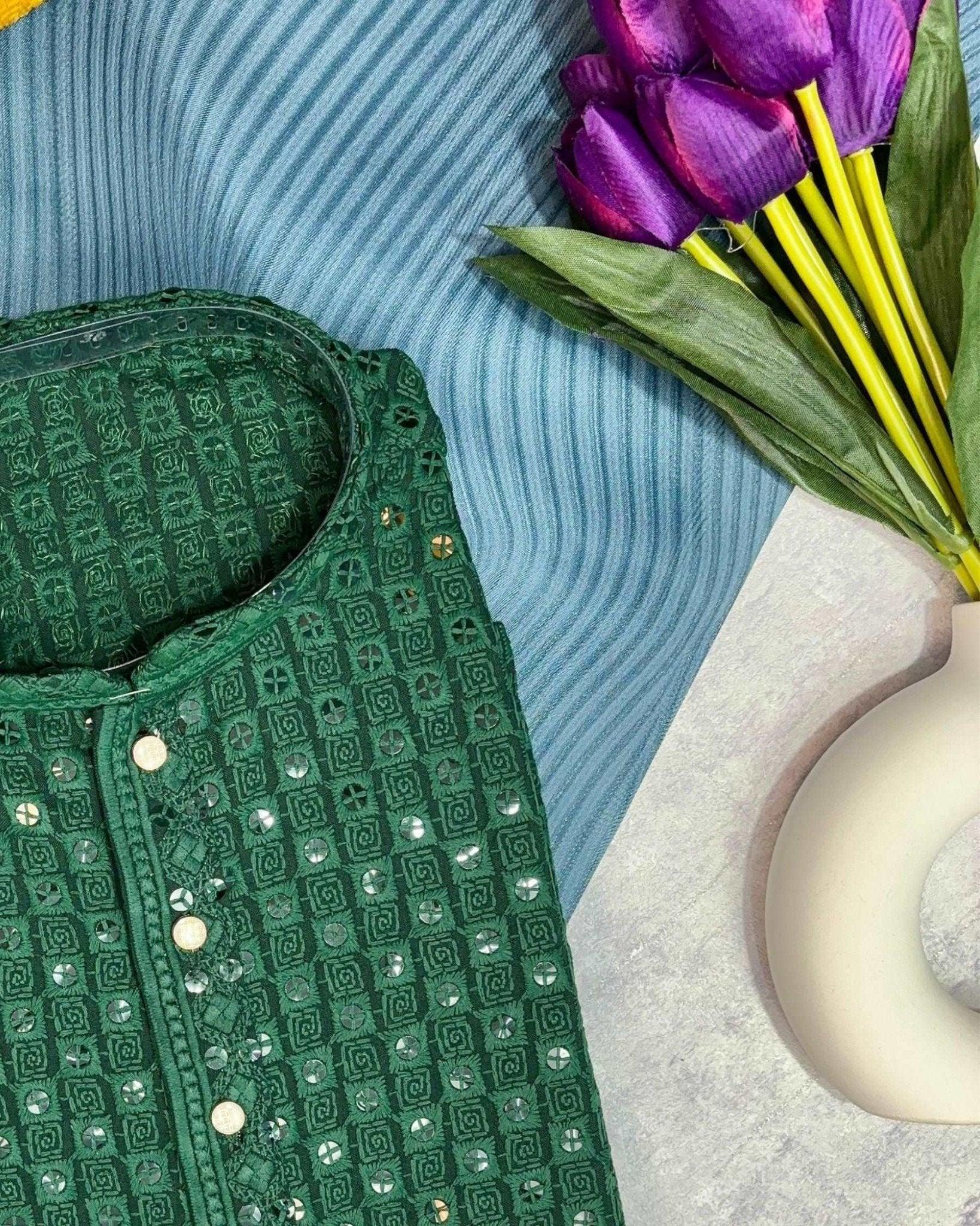 Dark Green Lucknowi Kurta - Jaipuri Crown