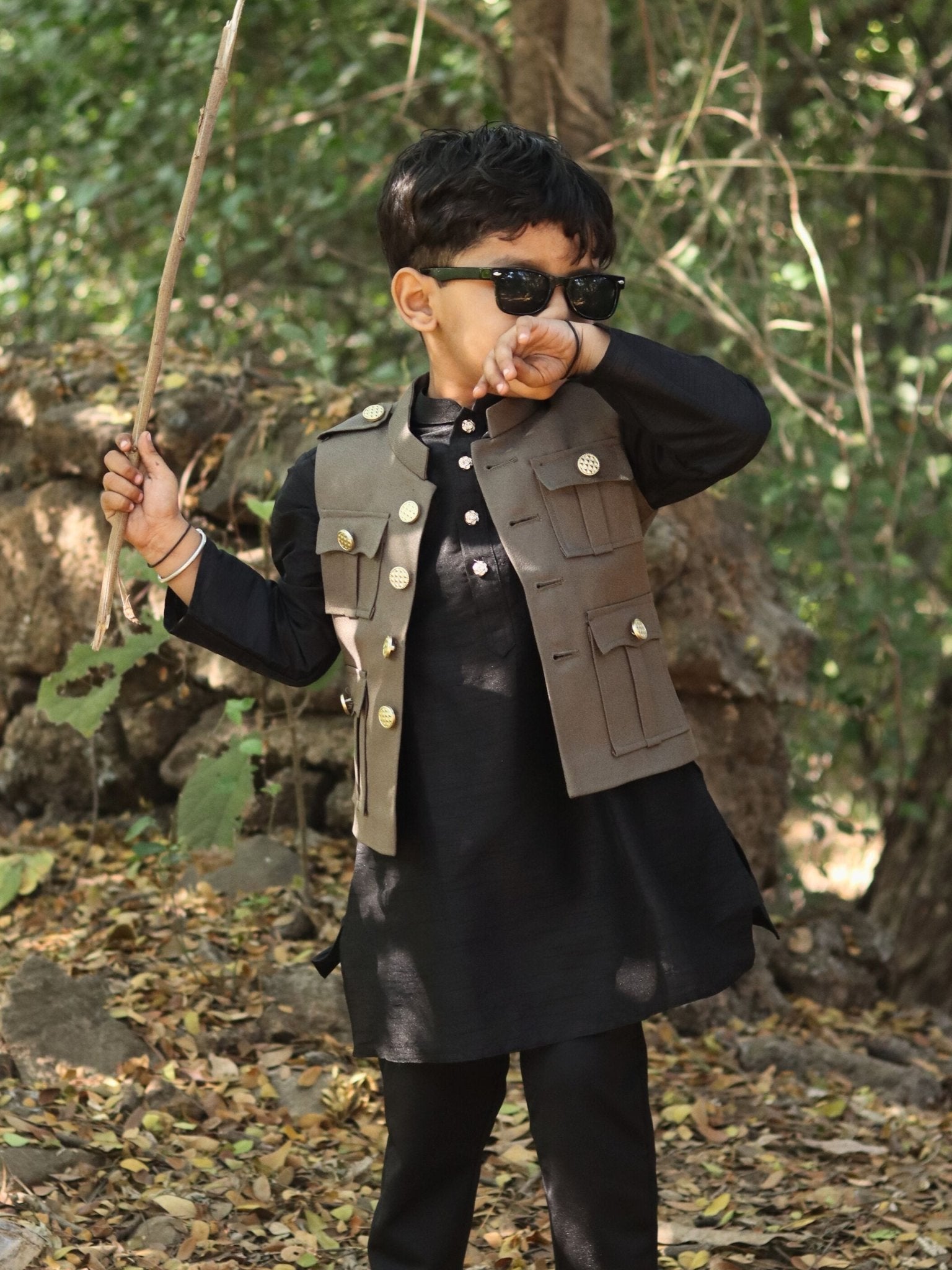 Kid's Hunting Jacket - Olive Green - Jaipuri Crown