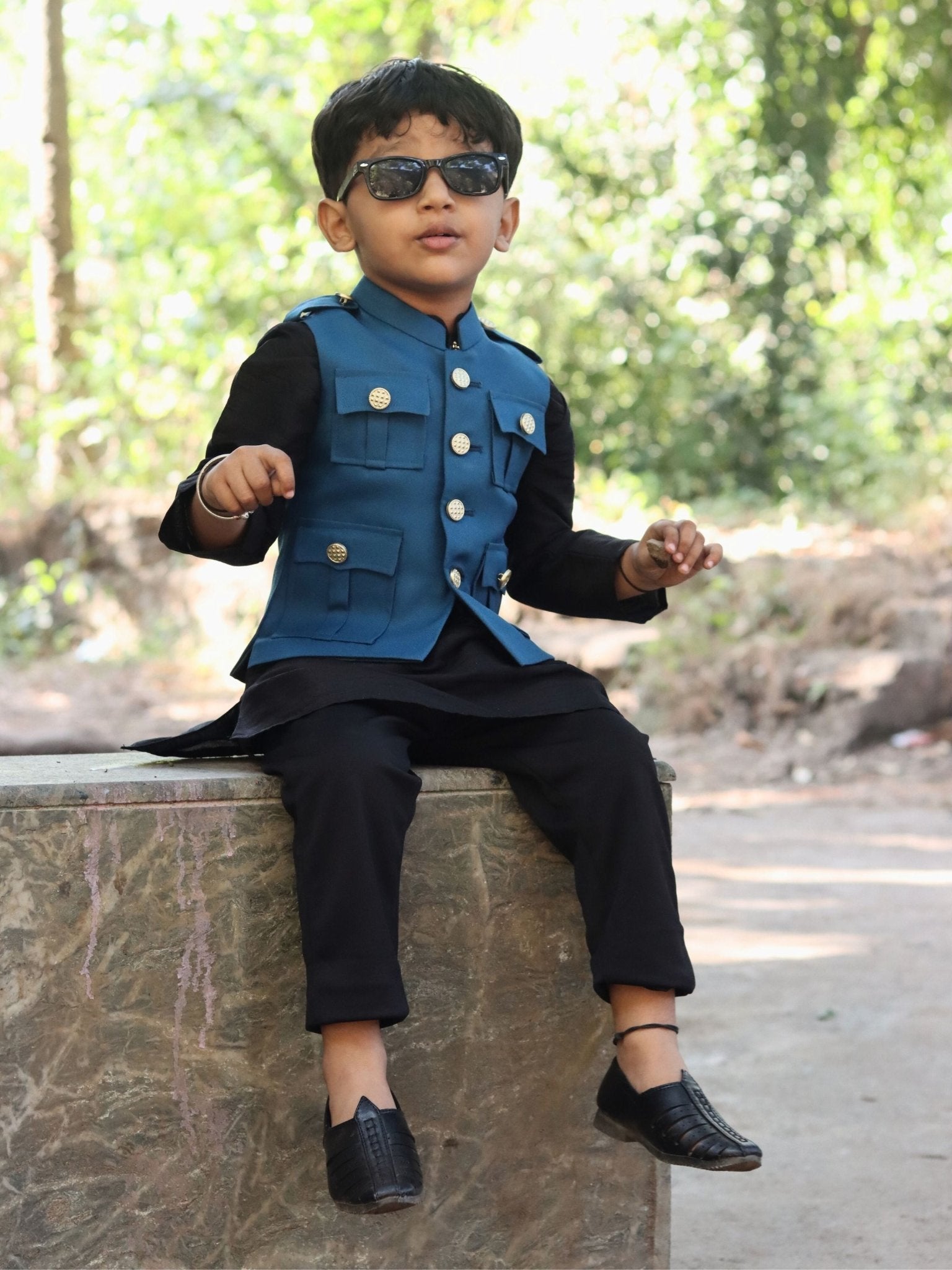 Kid's Hunting Jacket - Phirozhi Blue - Jaipuri Crown