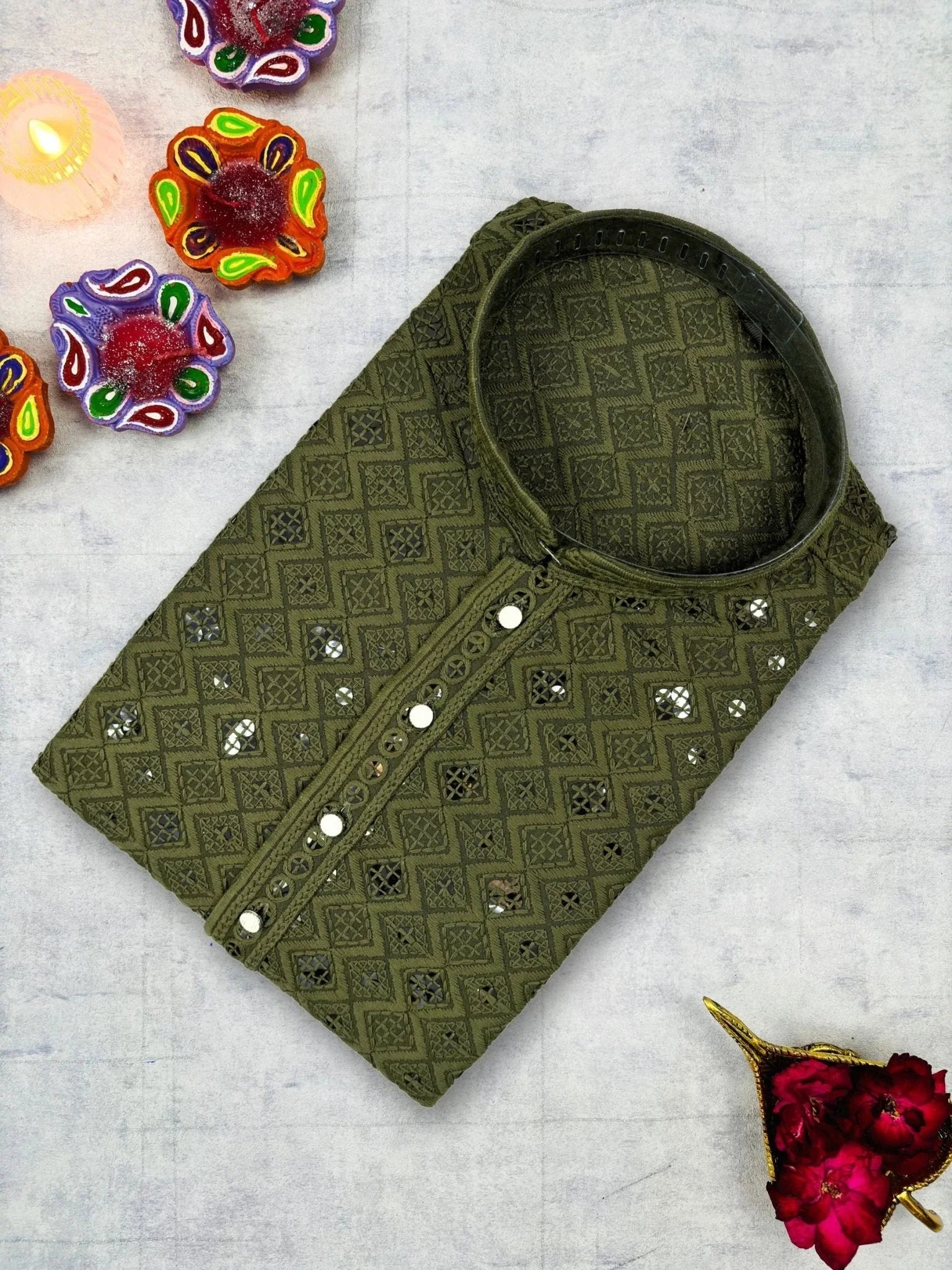 Mehandi Green Square Lucknowi Kurta - Jaipuri Crown