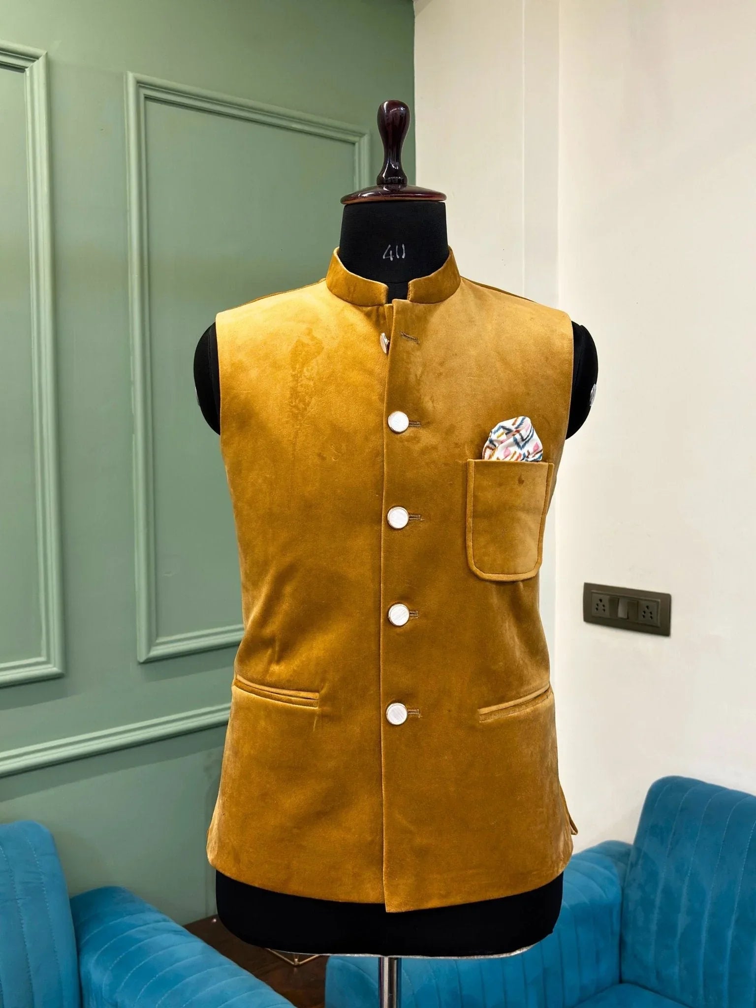Men's Camel Yellow Velvet Nehru Jacket - Jaipuri Crown