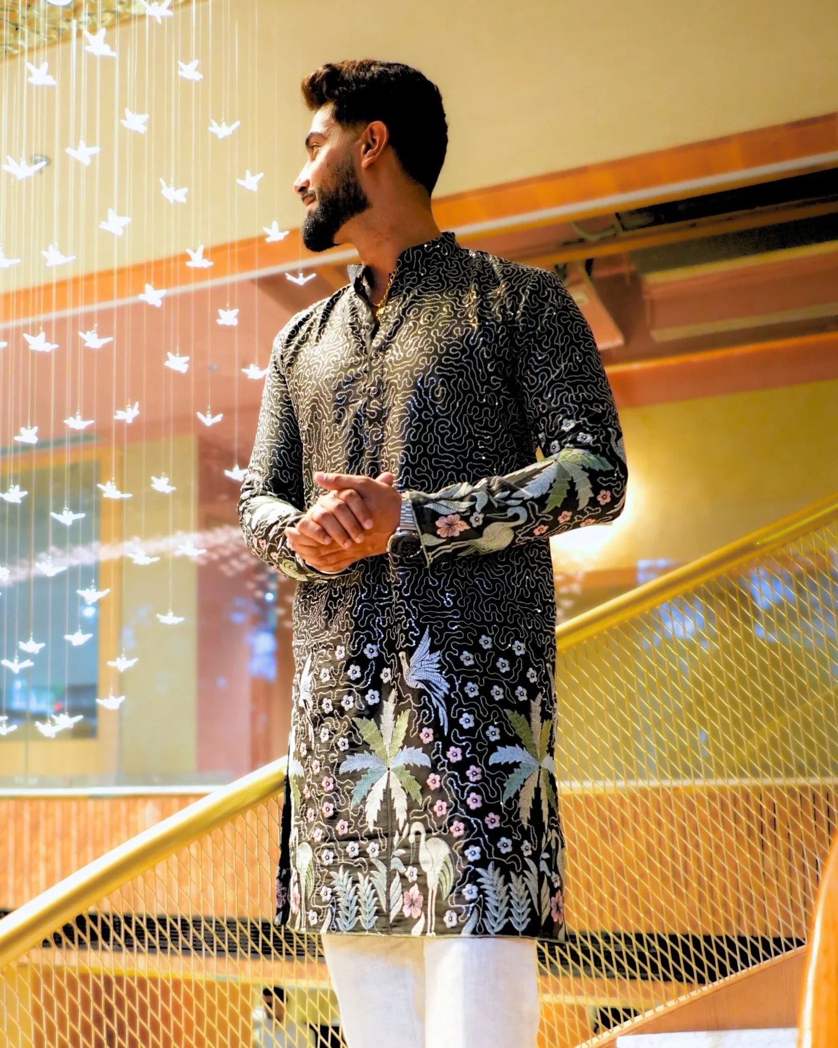 Men’s Heavy Designer Long Kurta – Black Embroidered - Jaipuri Crown
