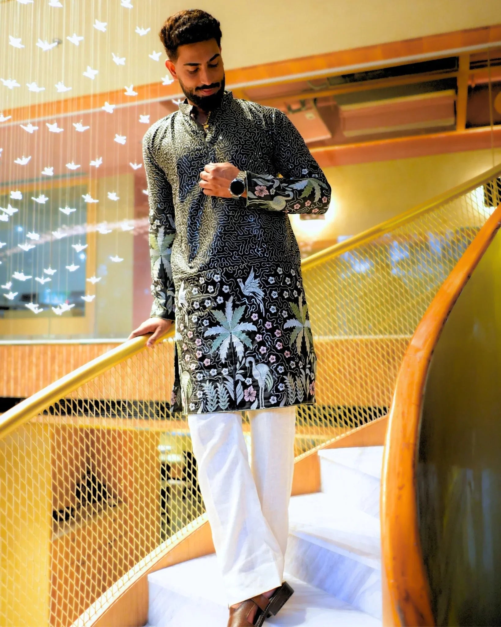 Men’s Heavy Designer Long Kurta – Black Embroidered - Jaipuri Crown