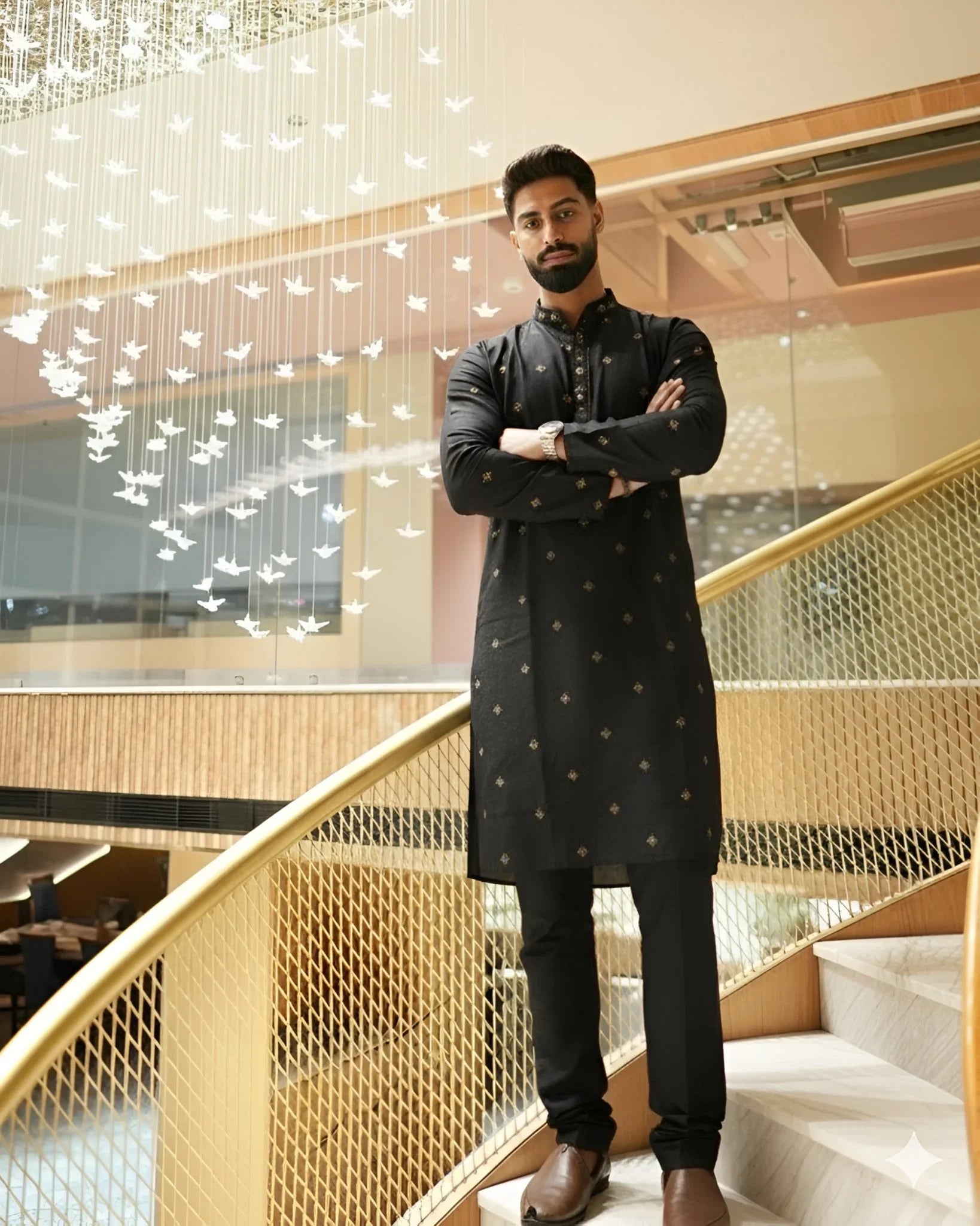 Men’s Heavy Designer Long Kurta Pajama – Black Embroidered - Jaipuri Crown