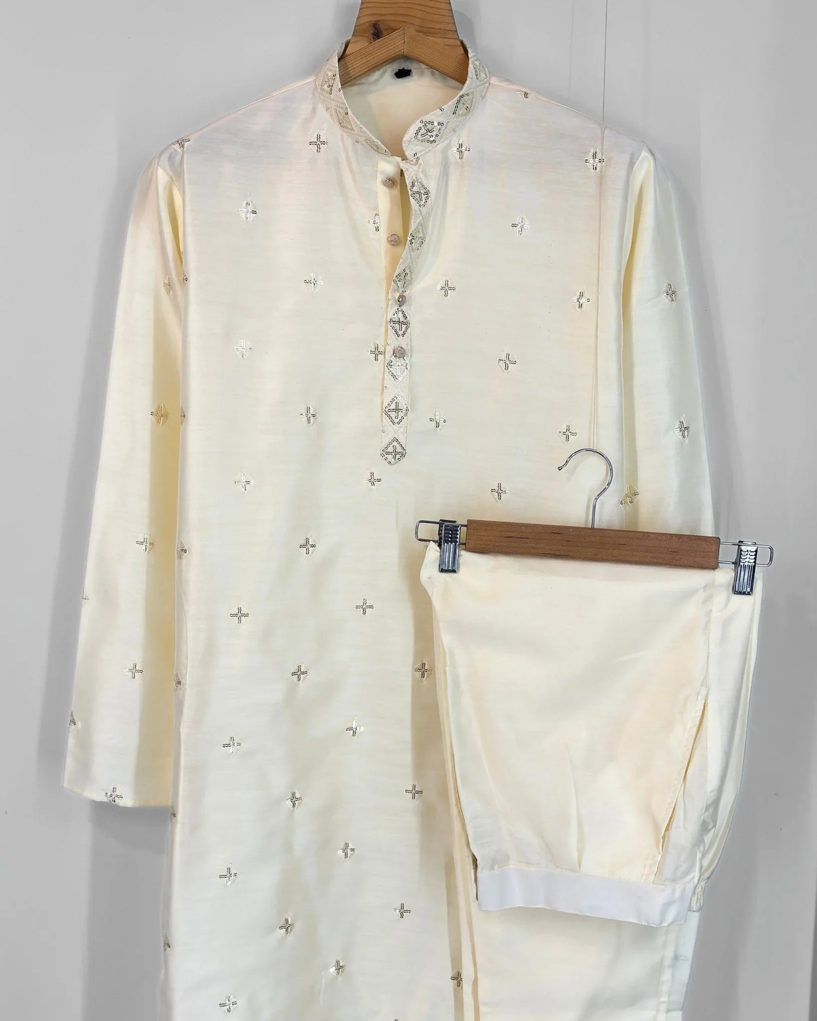 Men’s Heavy Designer Long Kurta Pajama – Cream Embroidered - Jaipuri Crown