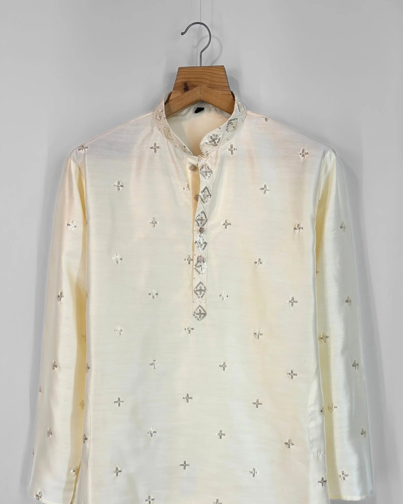 Men’s Heavy Designer Long Kurta Pajama – Cream Embroidered - Jaipuri Crown
