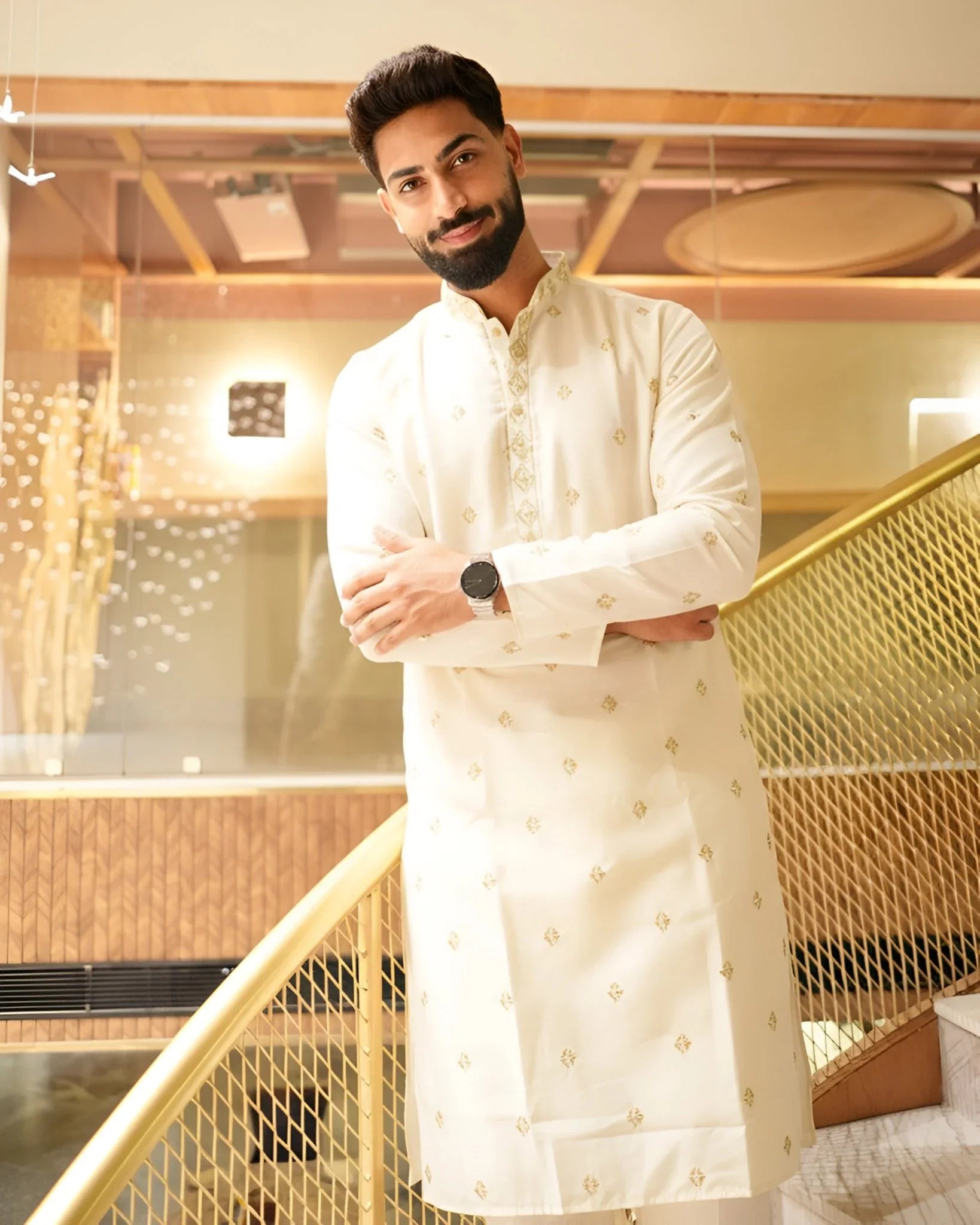 Men’s Heavy Designer Long Kurta Pajama – Cream Embroidered - Jaipuri Crown