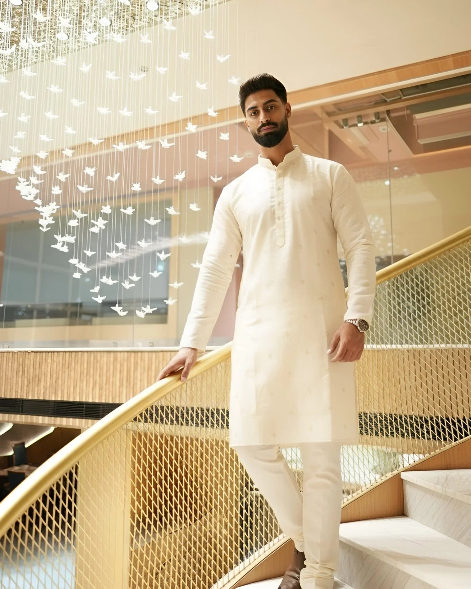 Men’s Heavy Designer Long Kurta Pajama – Cream Embroidered - Jaipuri Crown