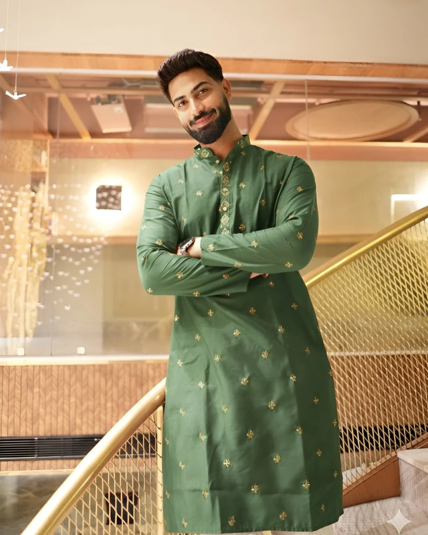 Men’s Heavy Designer Long Kurta Pajama – Green Embroidered - Jaipuri Crown