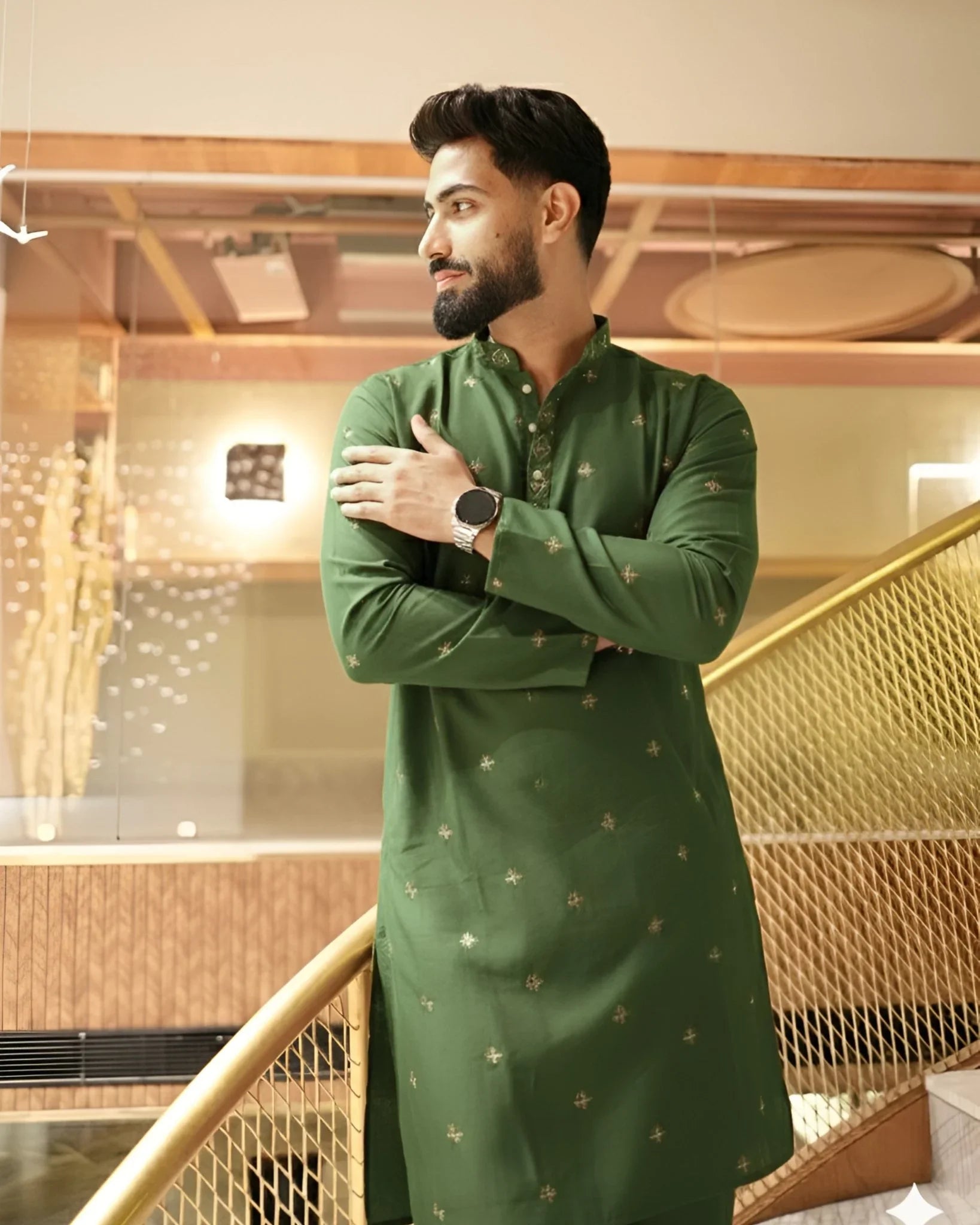 Men’s Heavy Designer Long Kurta Pajama – Green Embroidered - Jaipuri Crown
