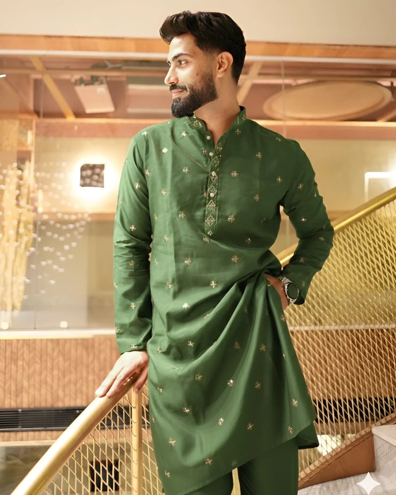 Men’s Heavy Designer Long Kurta Pajama – Green Embroidered - Jaipuri Crown