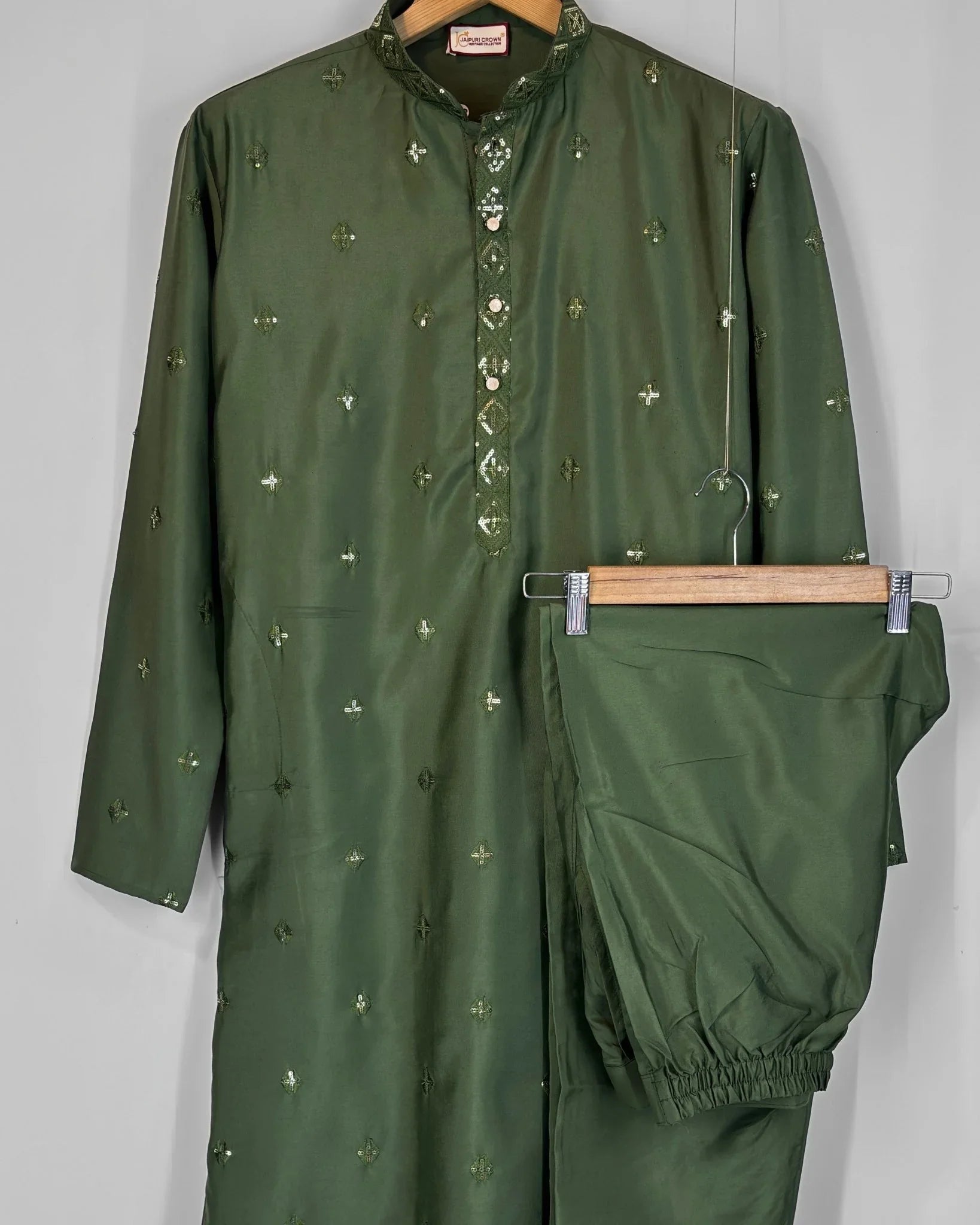 Men’s Heavy Designer Long Kurta Pajama – Green Embroidered - Jaipuri Crown