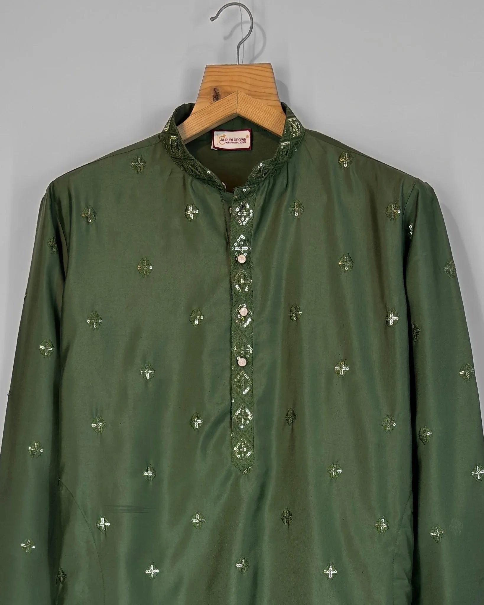 Men’s Heavy Designer Long Kurta Pajama – Green Embroidered - Jaipuri Crown