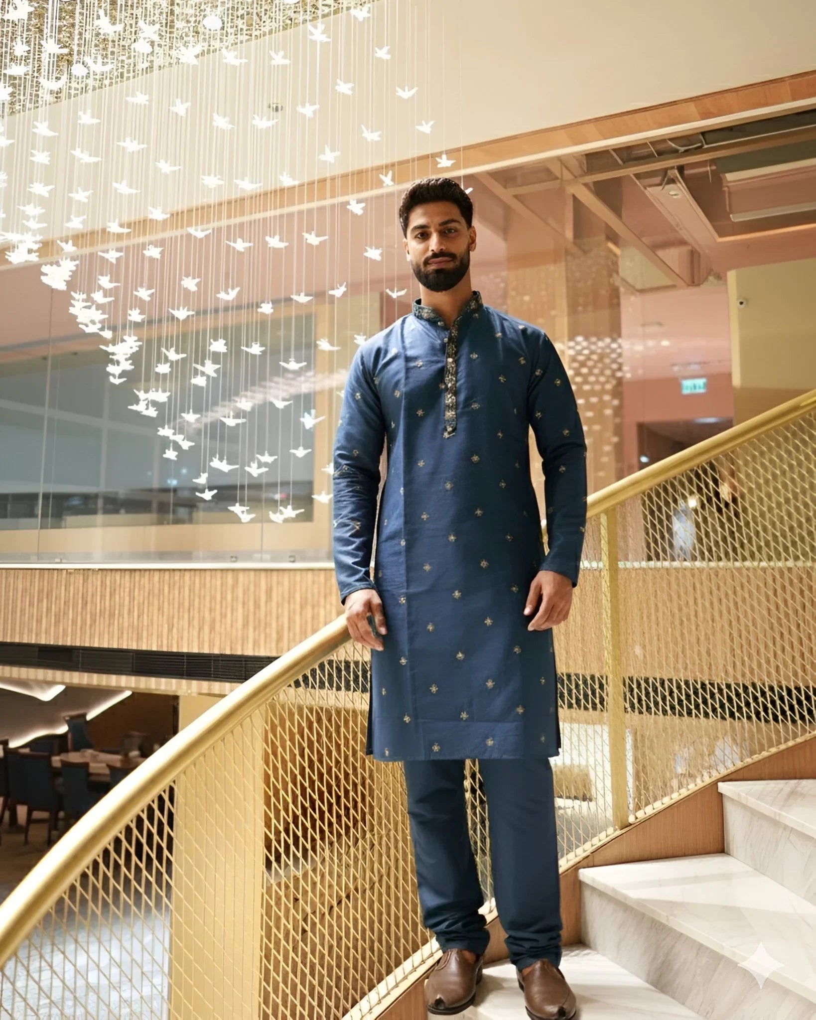 Men’s Heavy Designer Long Kurta Pajama – Midnight Blue Embroidered - Jaipuri Crown