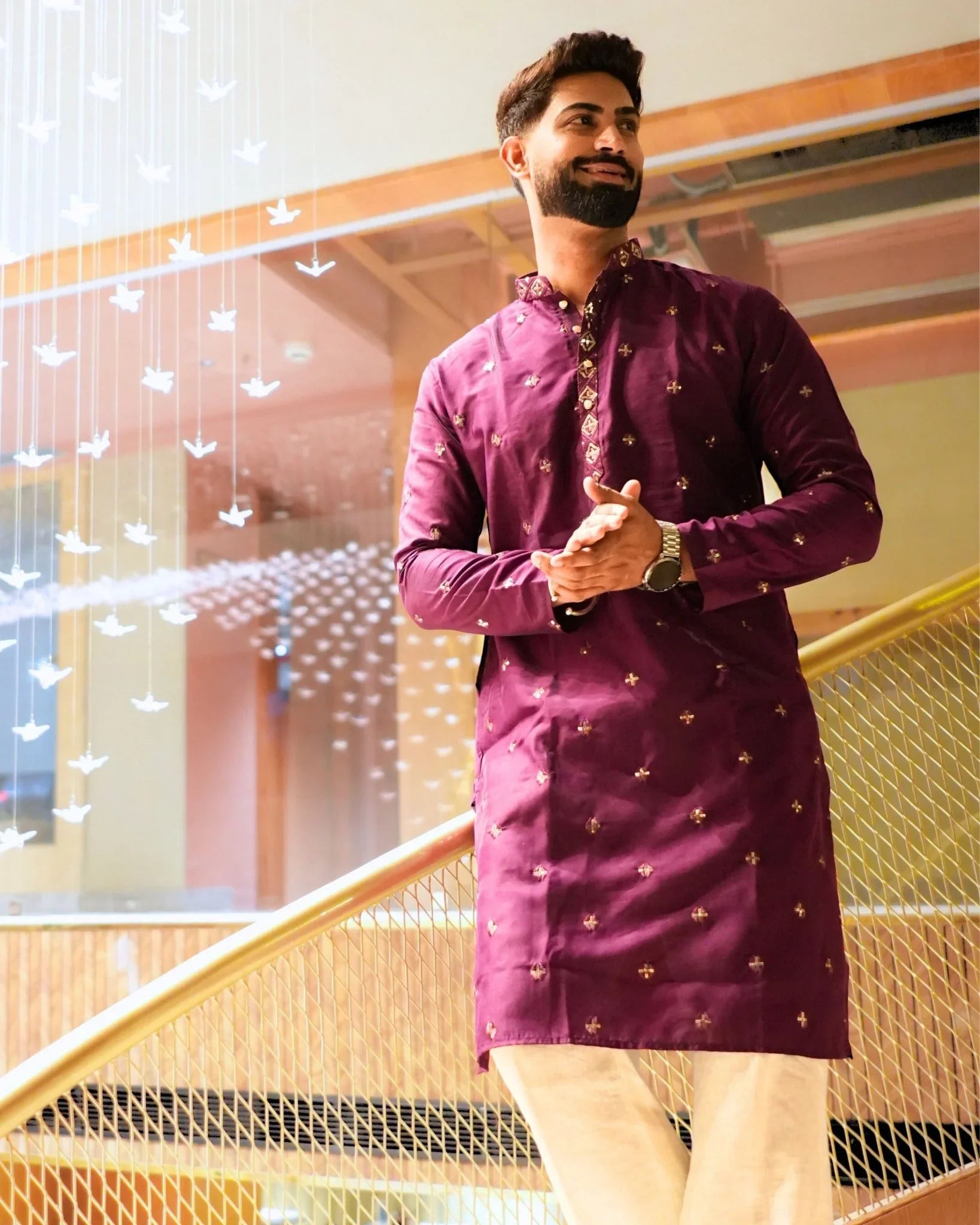 Men’s Heavy Designer Long Kurta Pajama – Purple Embroidered - Jaipuri Crown