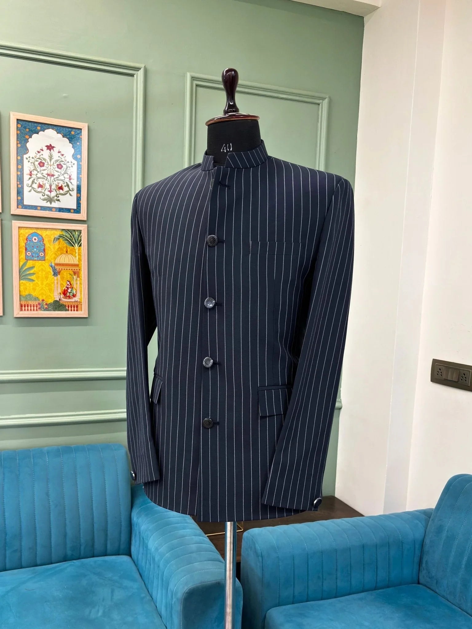 Men's Jodhpuri Bandhgala Stripes Jacket - Navy Blue - Jaipuri Crown