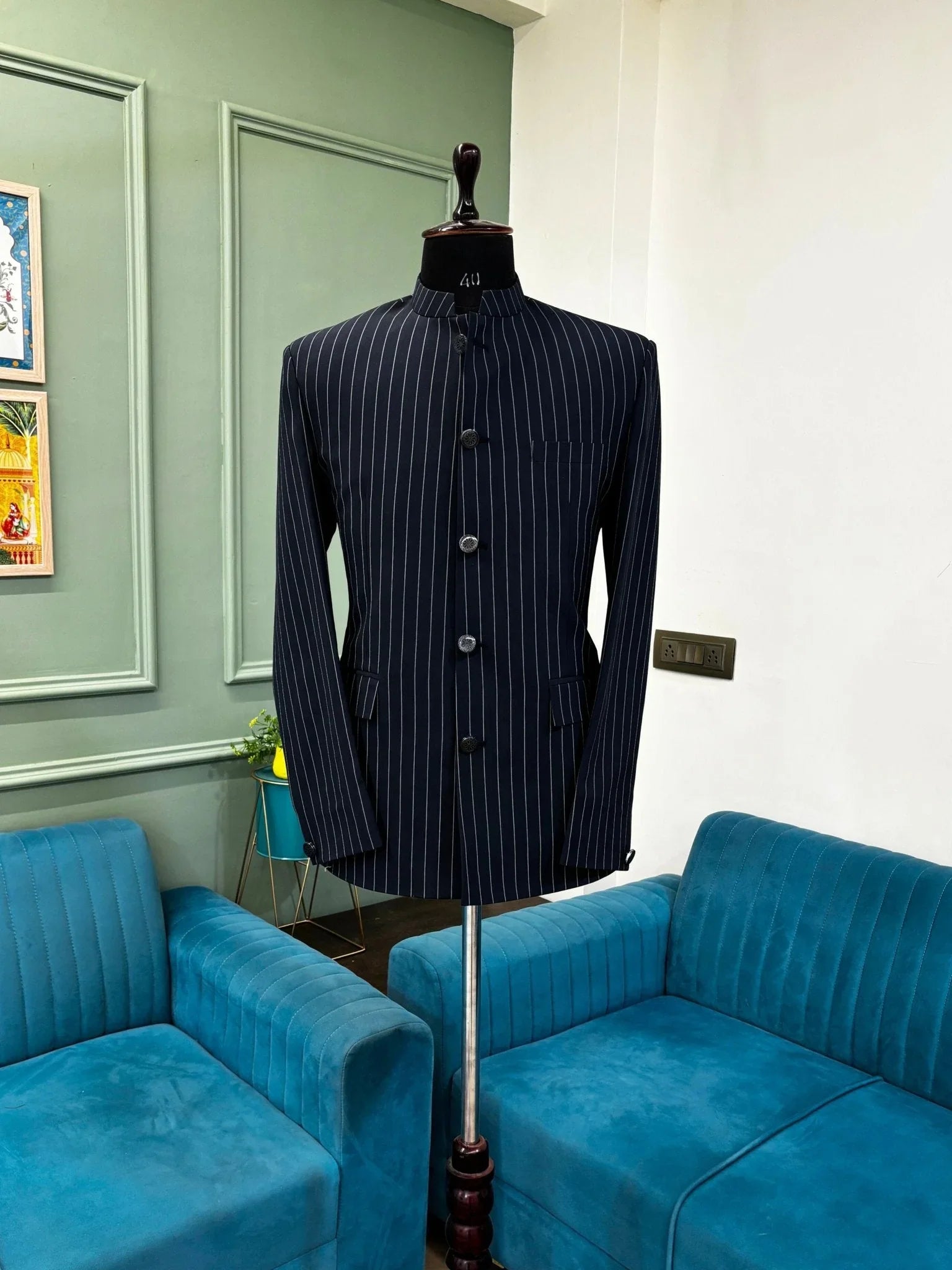 Men's Jodhpuri Bandhgala Stripes Jacket - Navy Blue - Jaipuri Crown