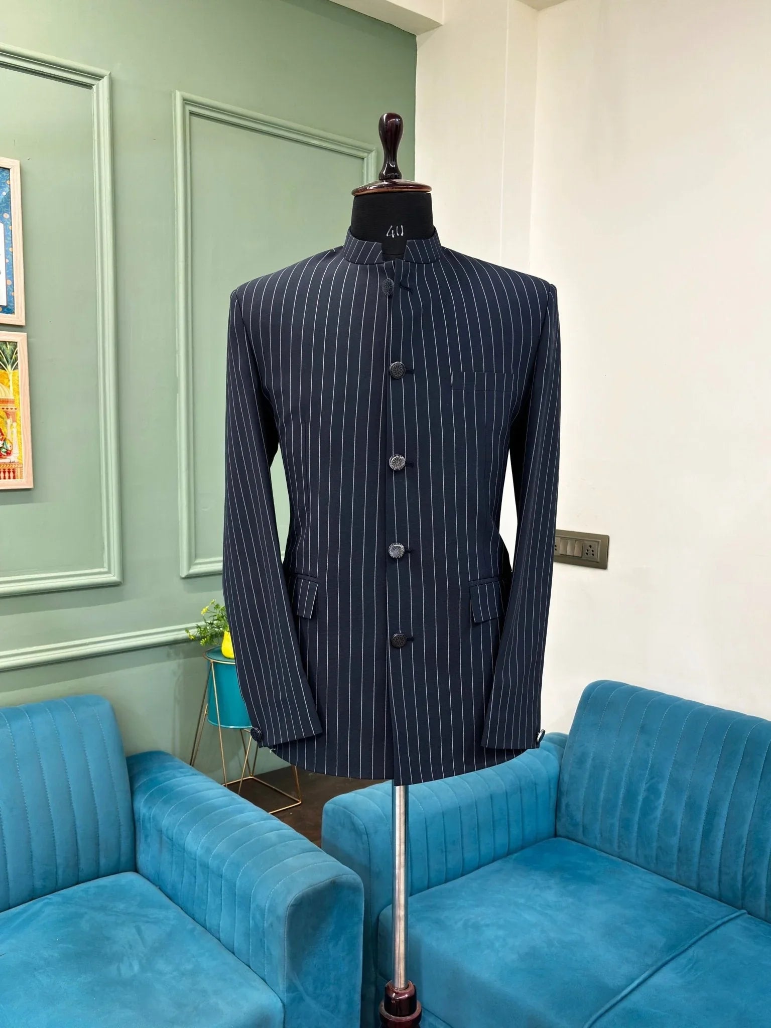 Men's Jodhpuri Bandhgala Stripes Jacket Navy Blue