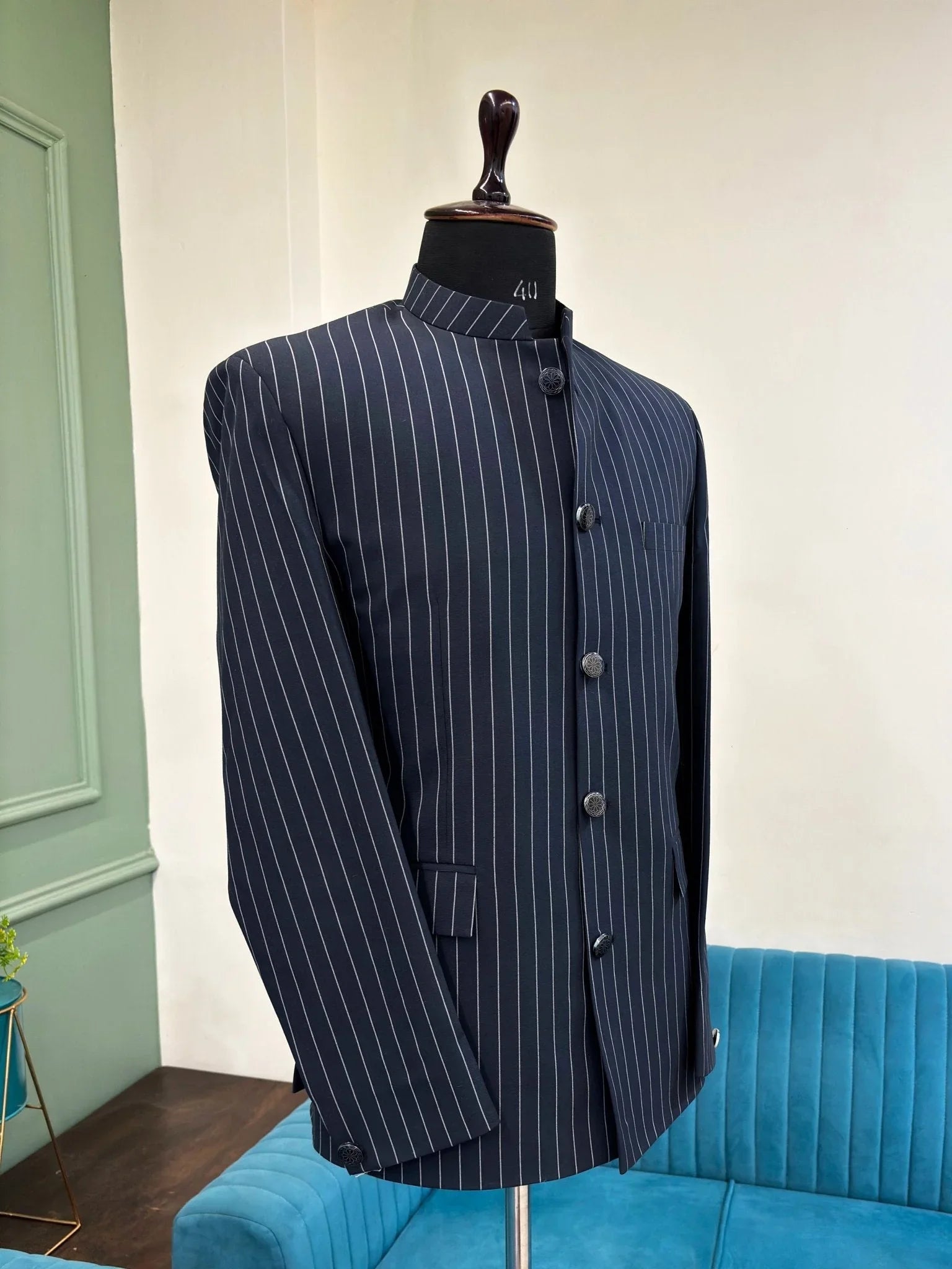 Men's Jodhpuri Bandhgala Stripes Jacket - Navy Blue - Jaipuri Crown