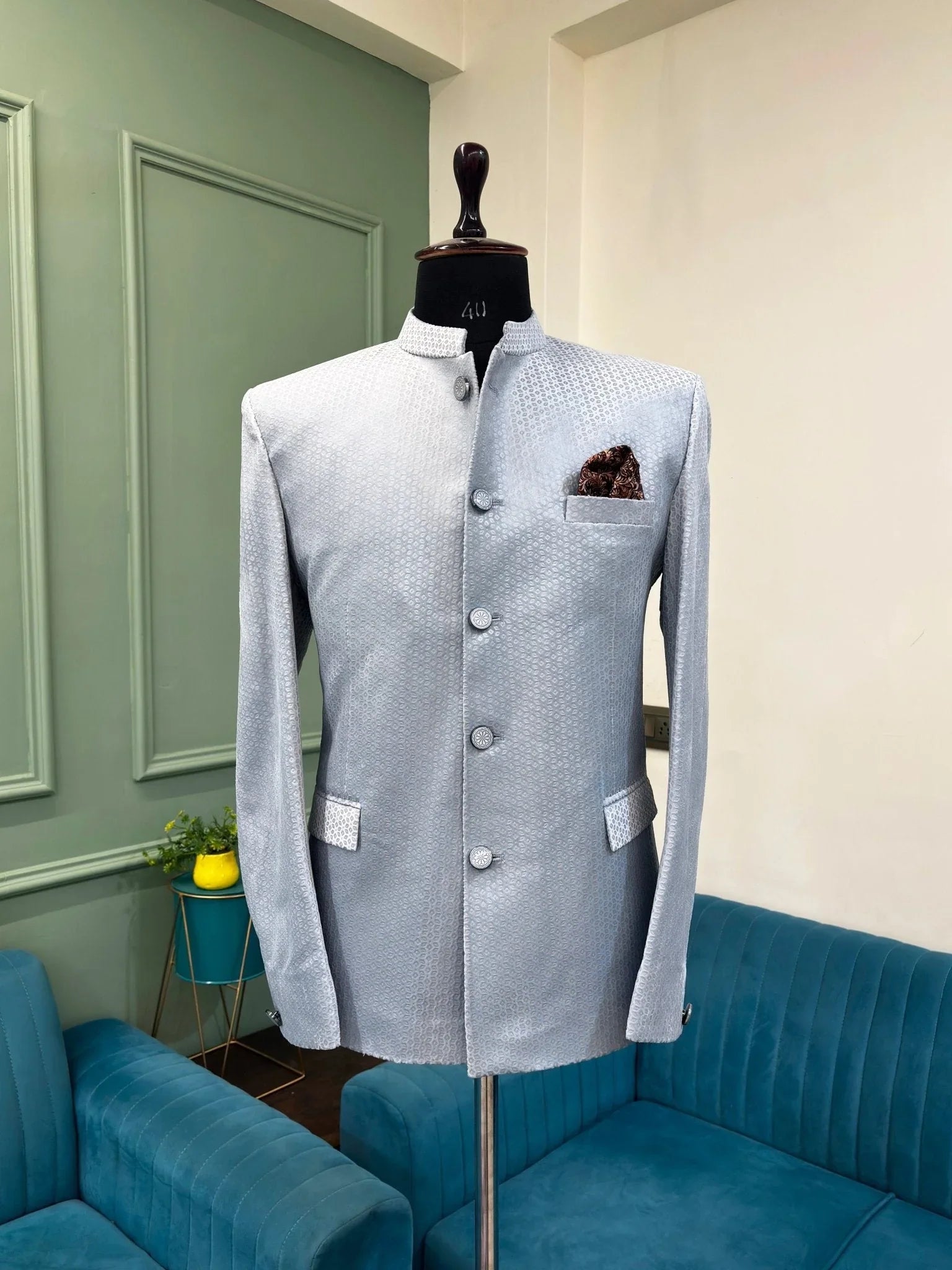 Men's Jodhpuri Bandhgala Textured Jacket - Light Silver - Grey - Jaipuri Crown