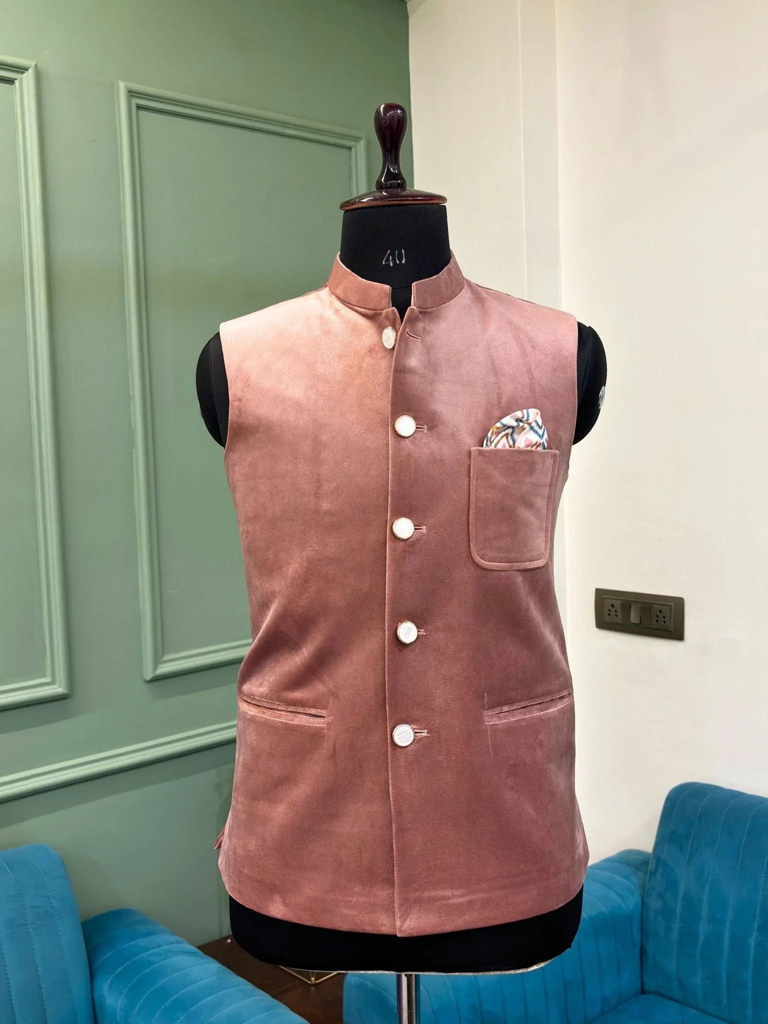 Men's Pink Velvet Nehru Jacket - Jaipuri Crown