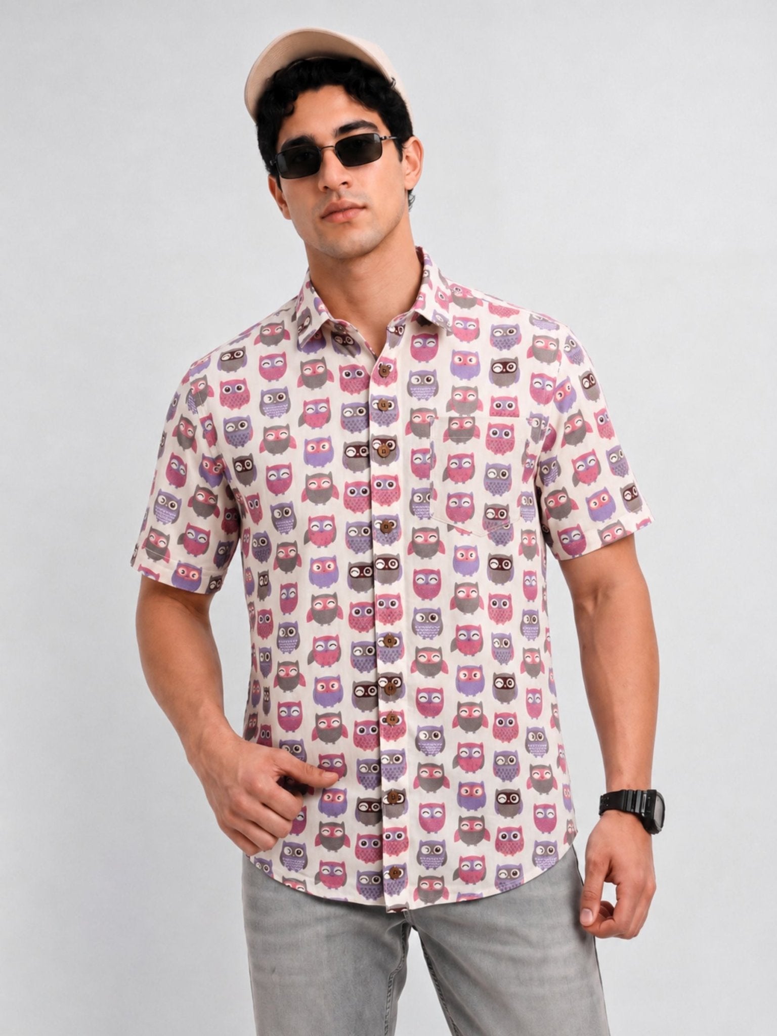 Owl Delight – Printed Cotton Half Sleeve Shirt - Jaipuri Crown