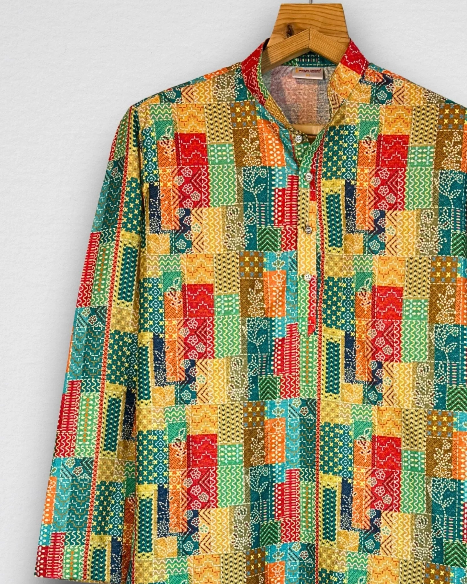 Patchwork Men's Long Kurta with Zari Work - Jaipuri Crown
