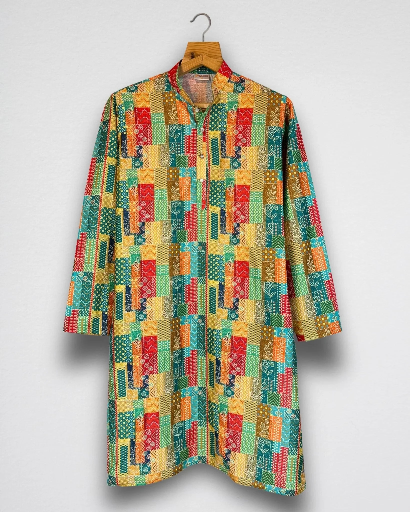 Patchwork Men's Long Kurta with Zari Work - Jaipuri Crown