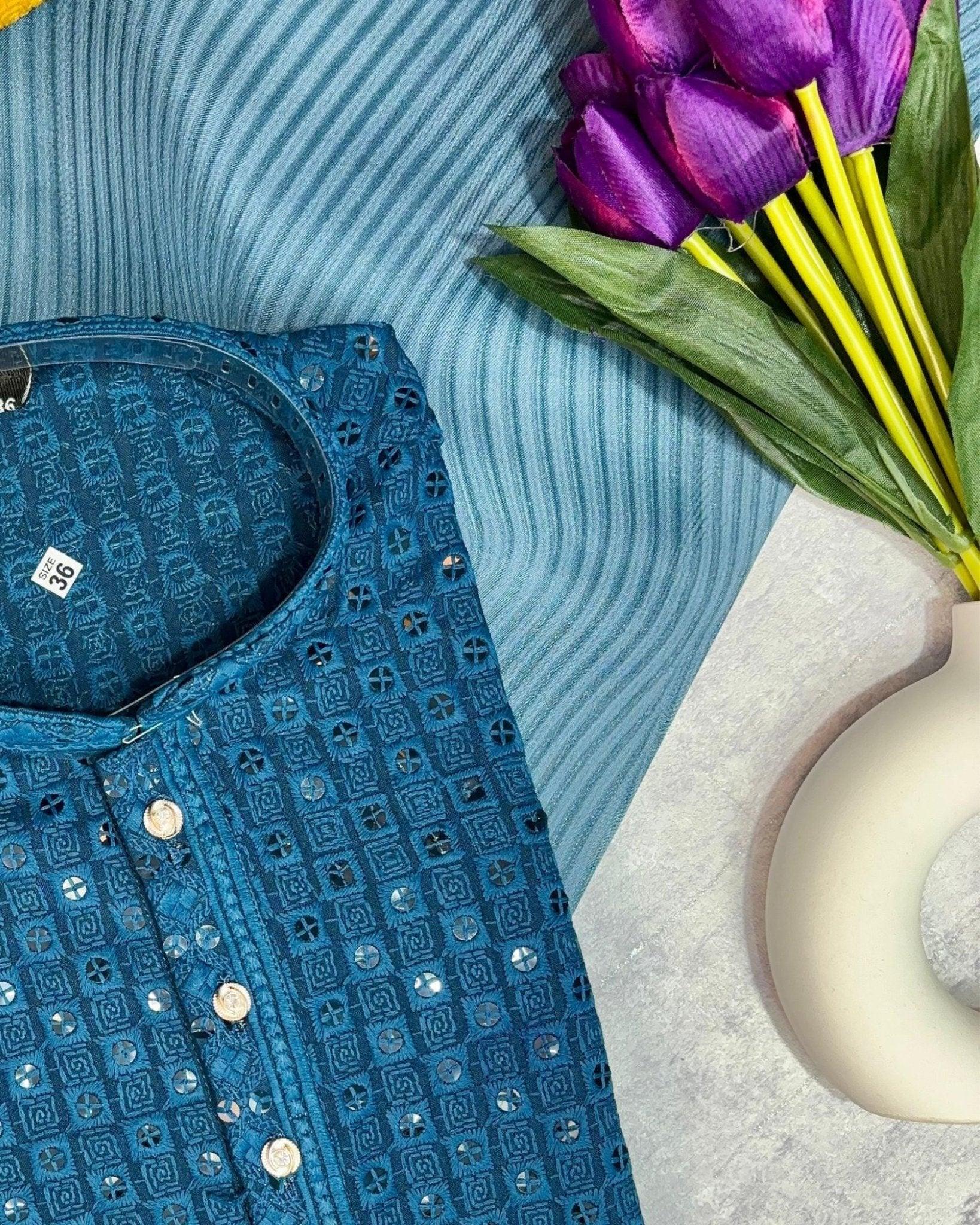 Phirozi Blue Lucknowi Kurta - Jaipuri Crown