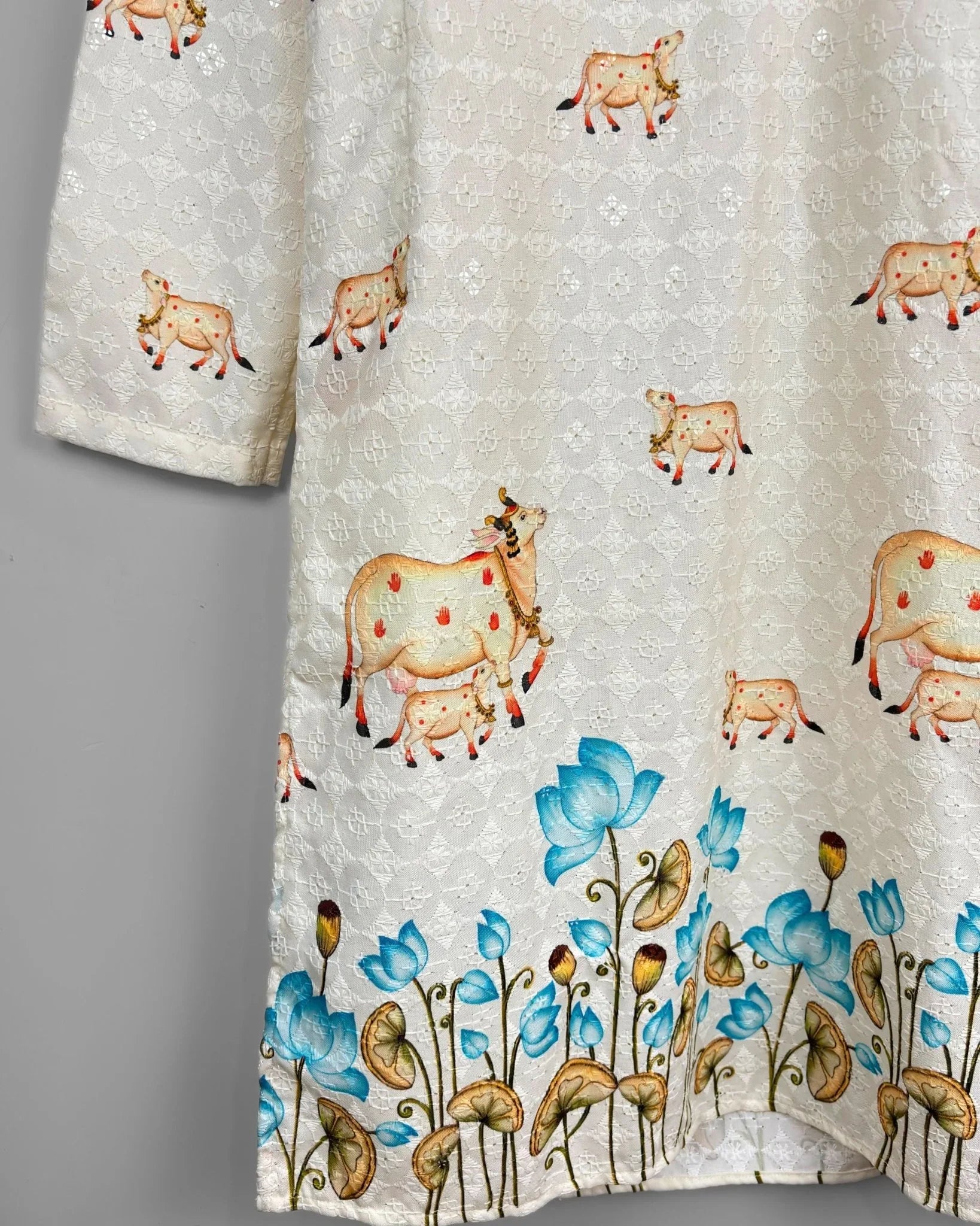 Sacred Bloom – Printed Lucknowi Kurta - Jaipuri Crown