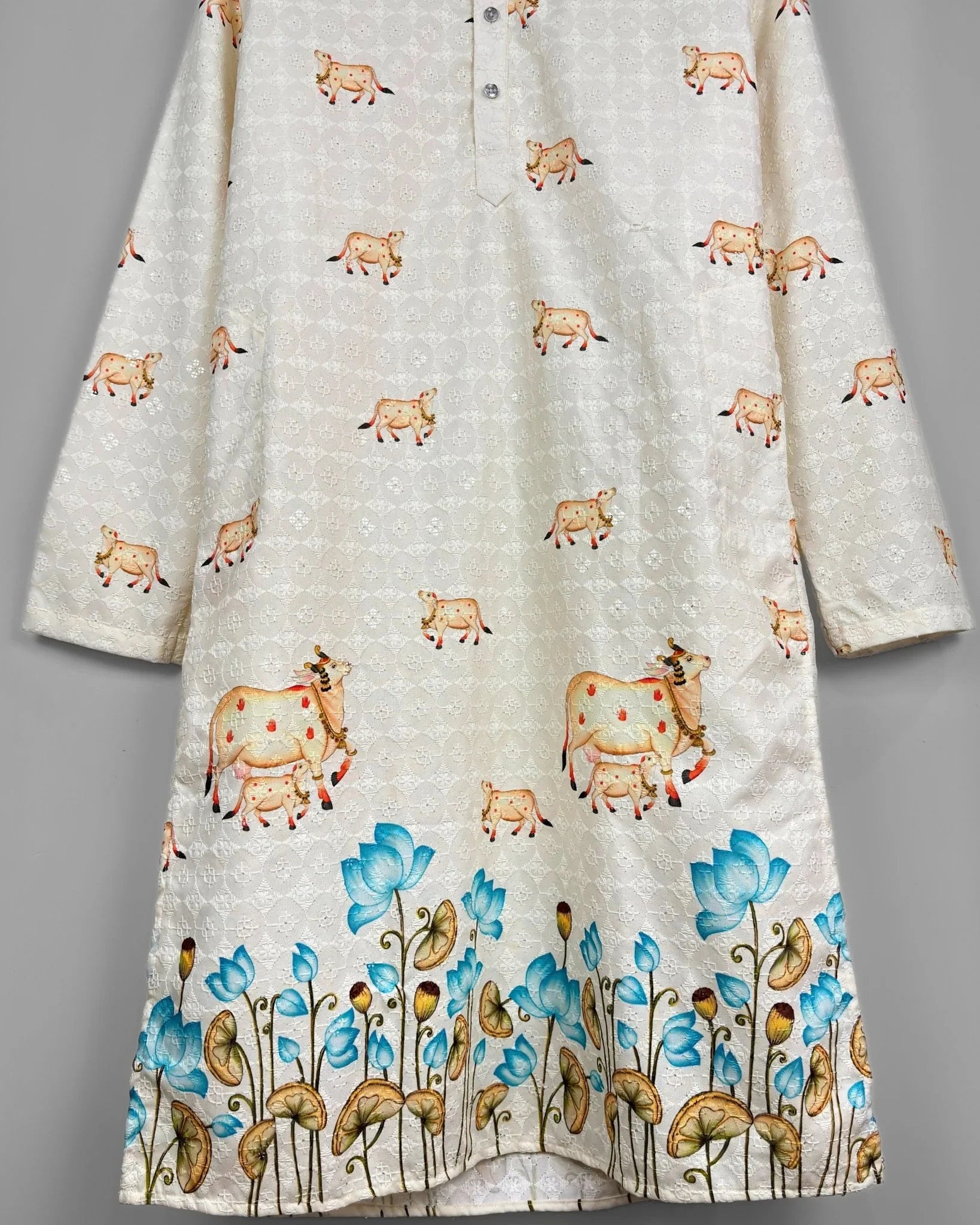 Sacred Bloom – Printed Lucknowi Kurta - Jaipuri Crown