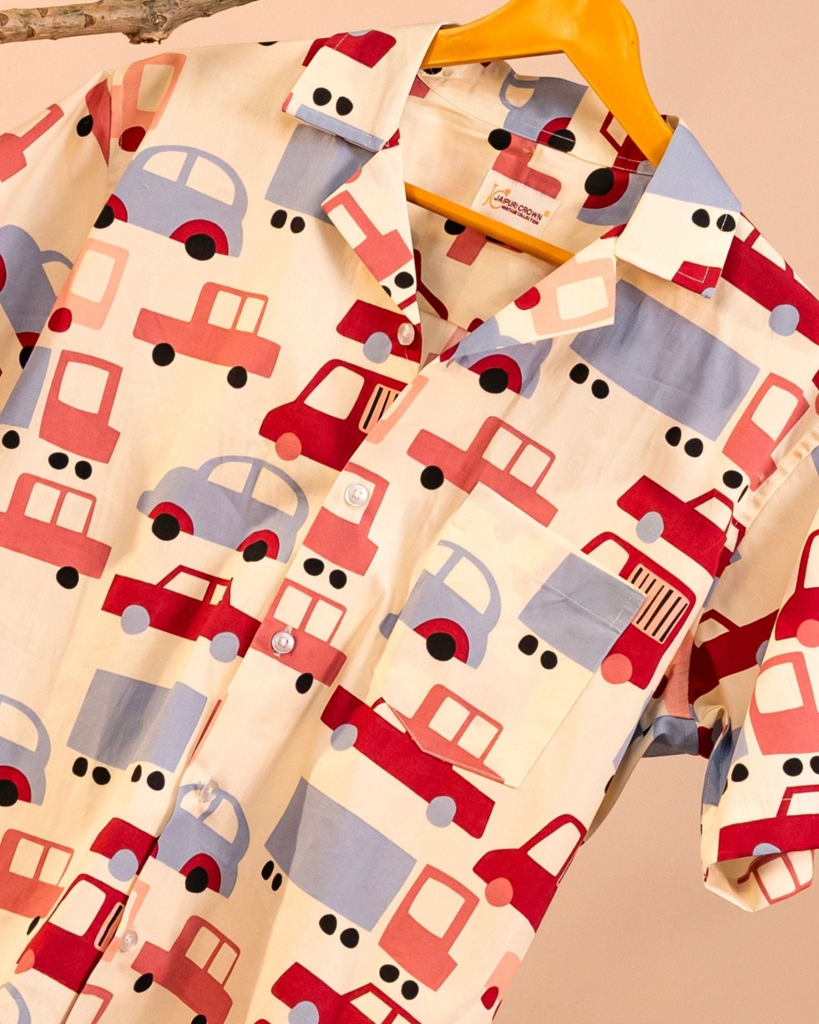Traffic Jam – Funky Vehicle Print Cuban Collar Shirt - Jaipuri Crown