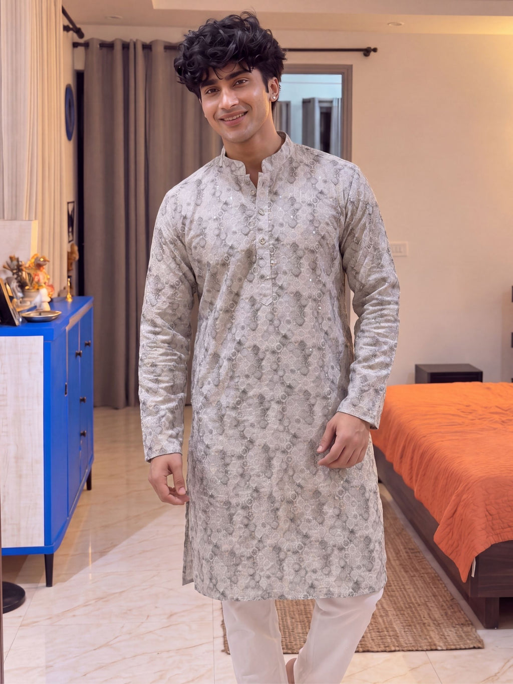 Grey Geometric – Textured Printed Long Kurta