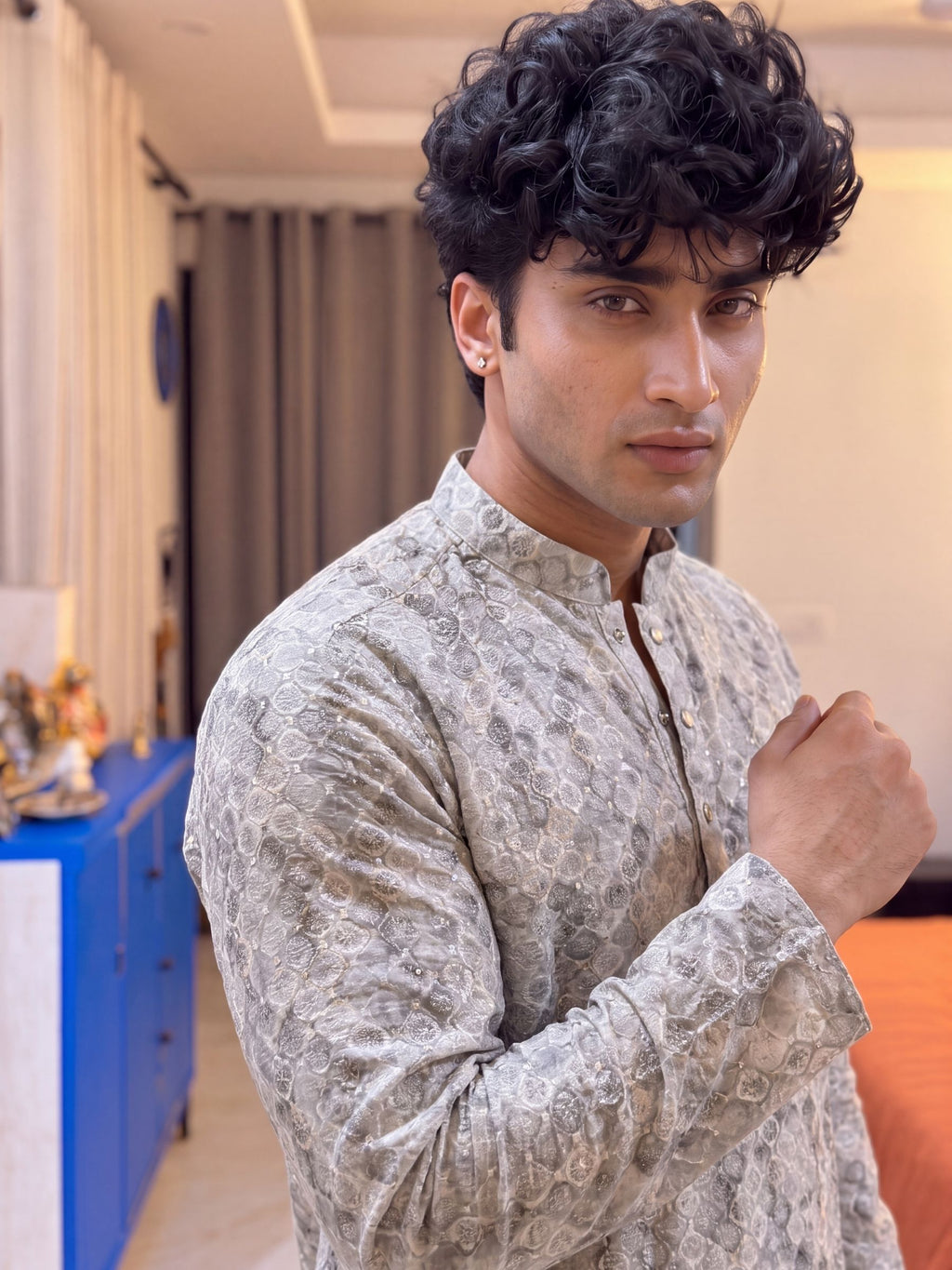 Grey Geometric – Textured Printed Long Kurta