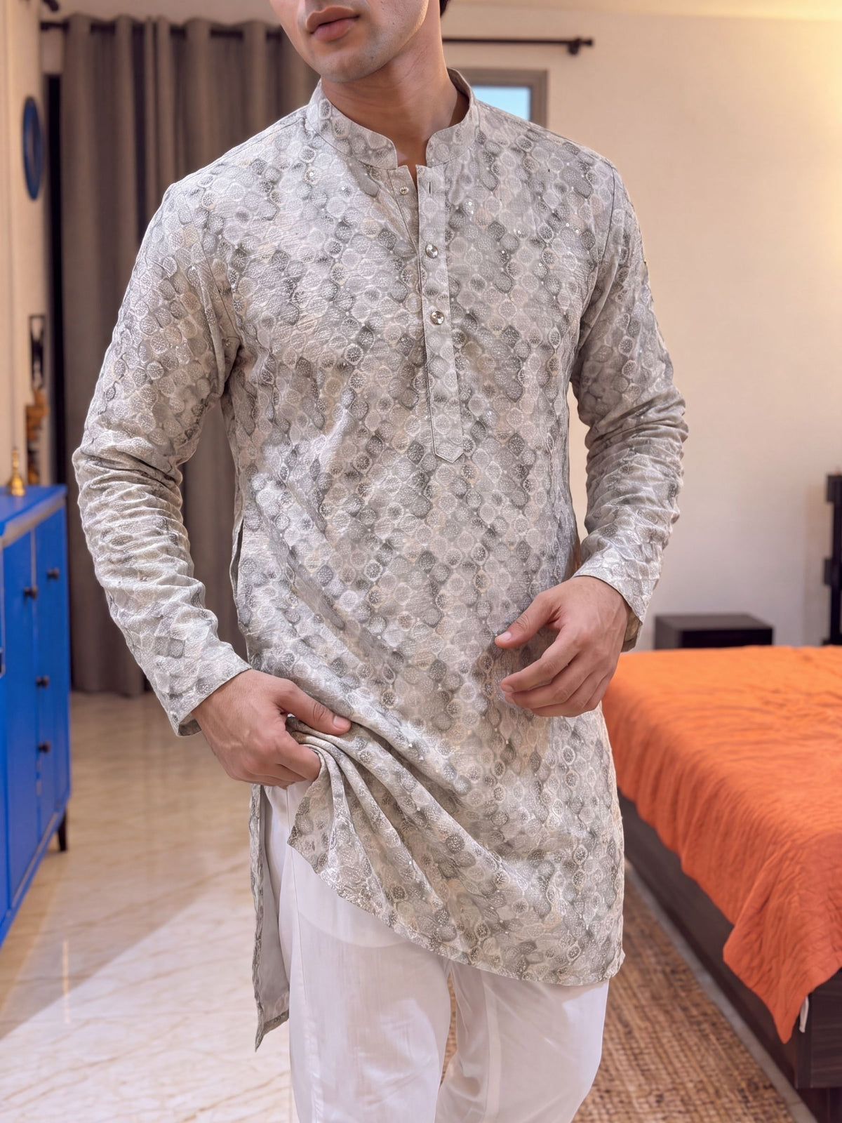 Grey Geometric – Textured Printed Long Kurta