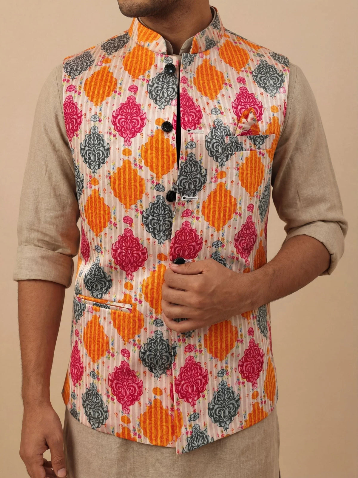 Men Cream Printed Nehru Jacket