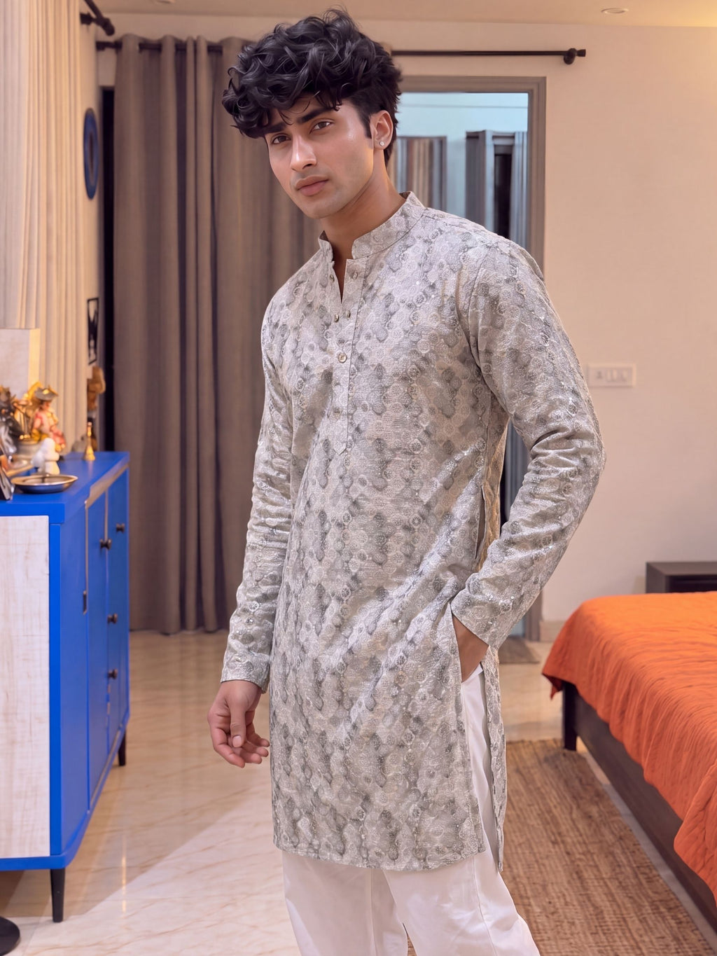 Grey Geometric – Textured Printed Long Kurta