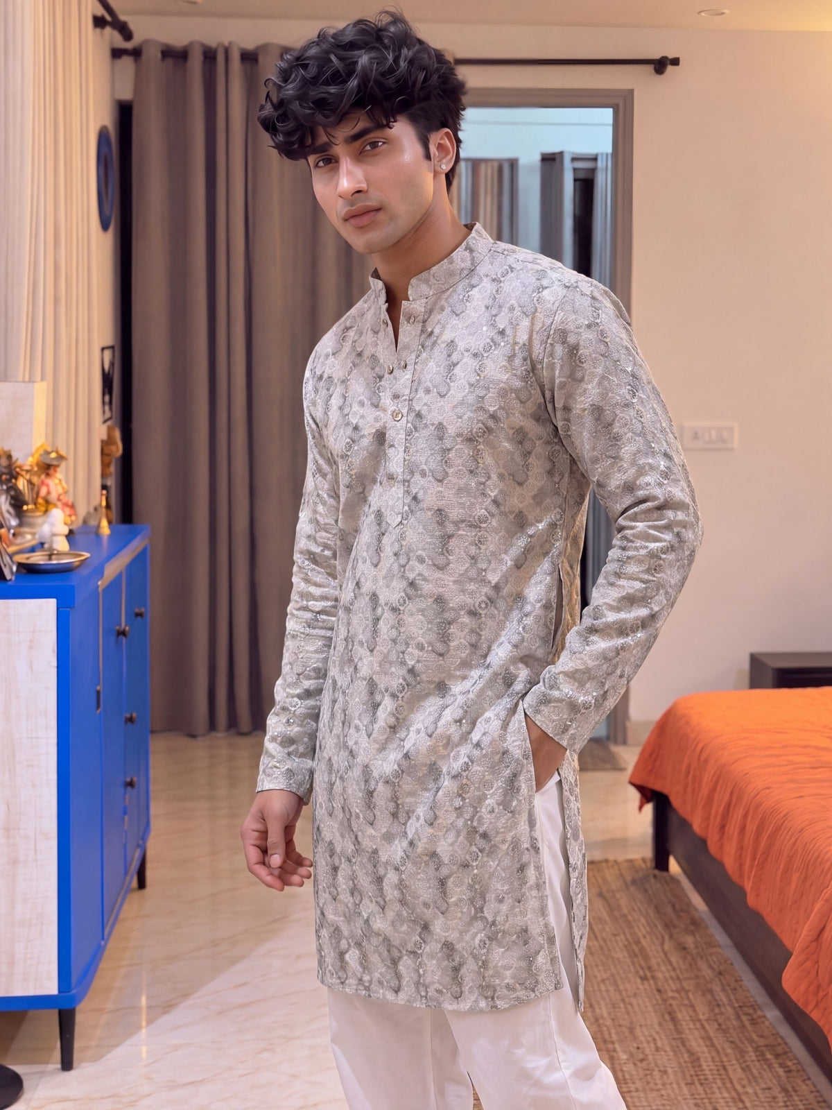 Grey Geometric – Textured Printed Long Kurta