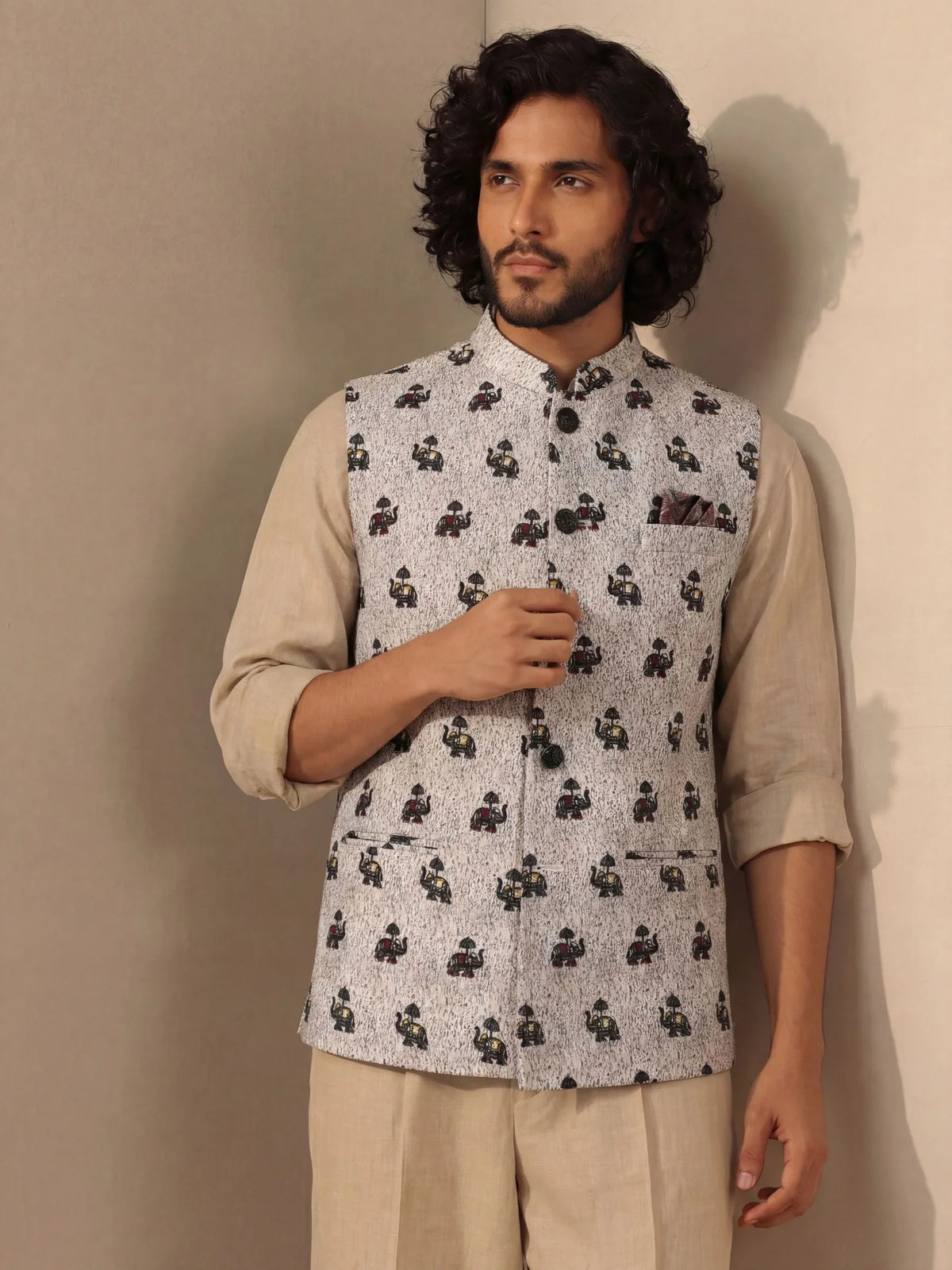Men White Printed Nehru Jacket