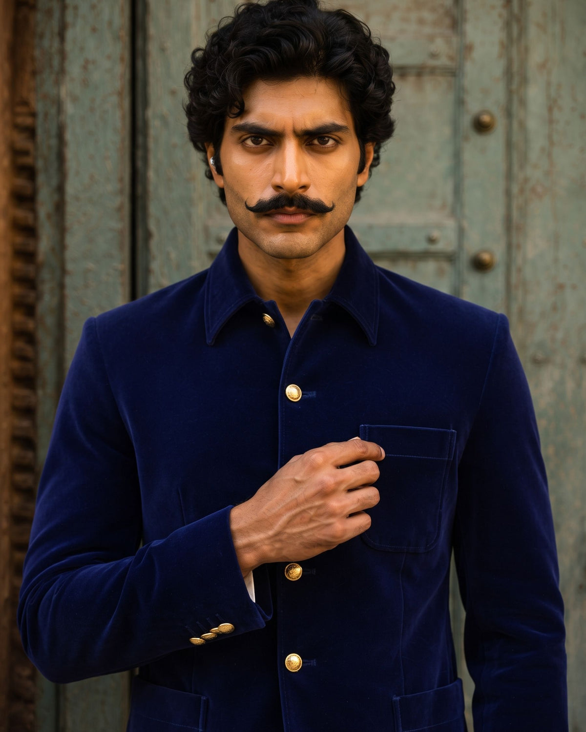 Velvet Modern Collor Jodhpuri - Navy Blue